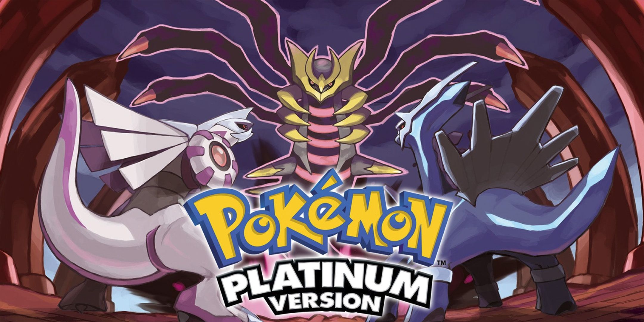 Giratina towering over Dialga, Palkia and the logo from Pokemon Platinum.