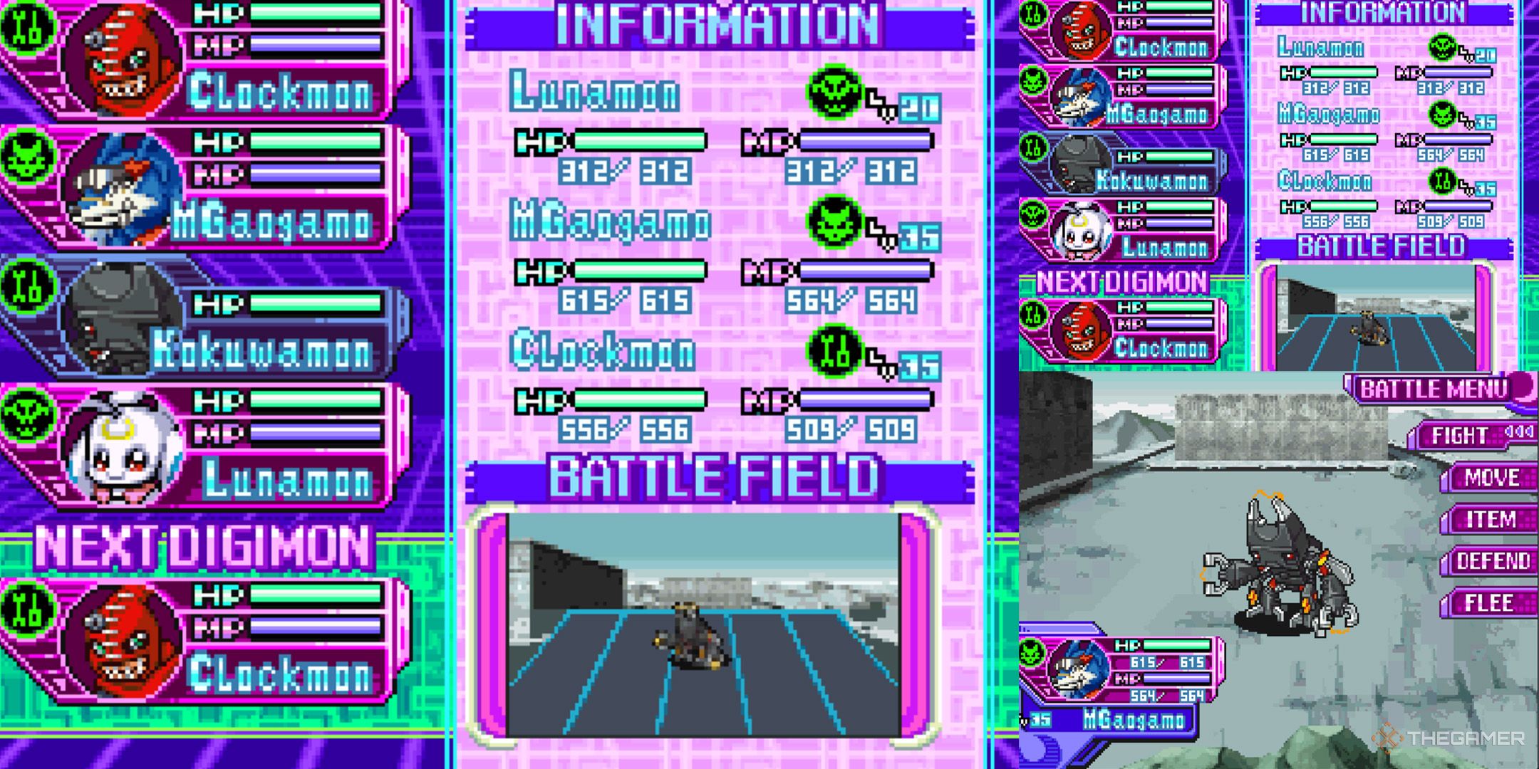 Clockmon, MGaogamo, and Lunamon fighting a robot in Digimon World Dusk.