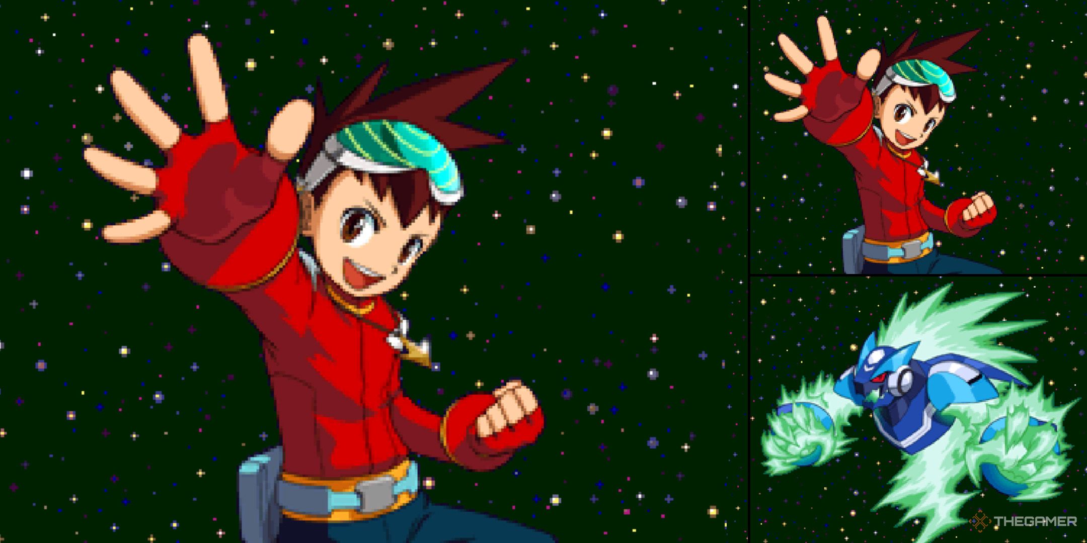 Geo and Omega-Xis floating in space from Mega Man Star Force Dragon.