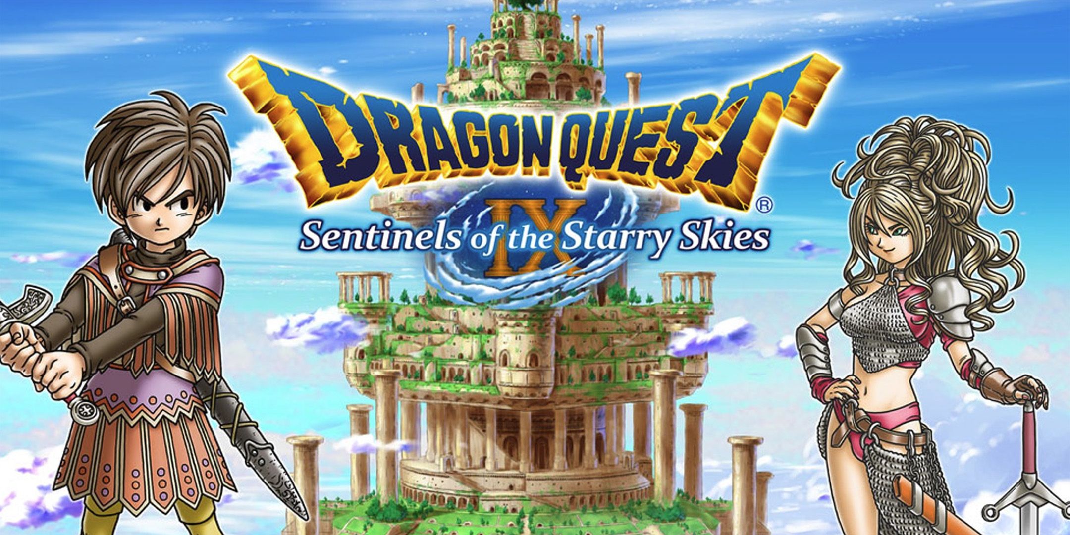 The heroes from Dragon Quest 9: Sentinels of the Starry Skies standing on either side of the game's logo.