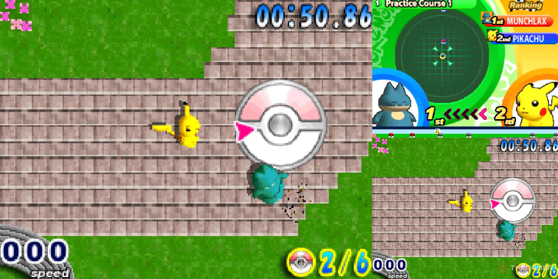 Pikachu and Munchlax race against each other in Pokemon Dash.