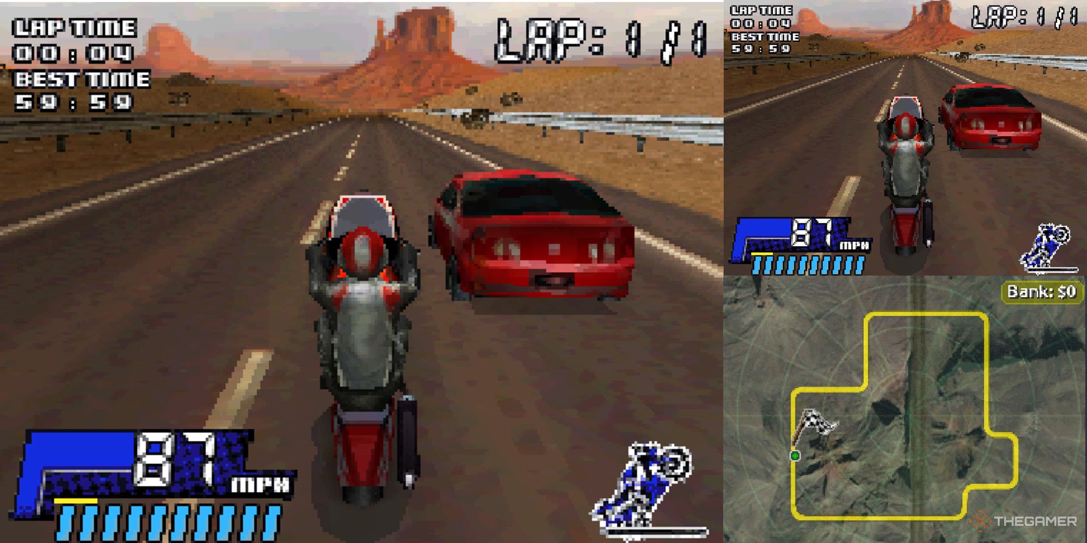 A cyclist racing a red car down a desert road in PowerBike.