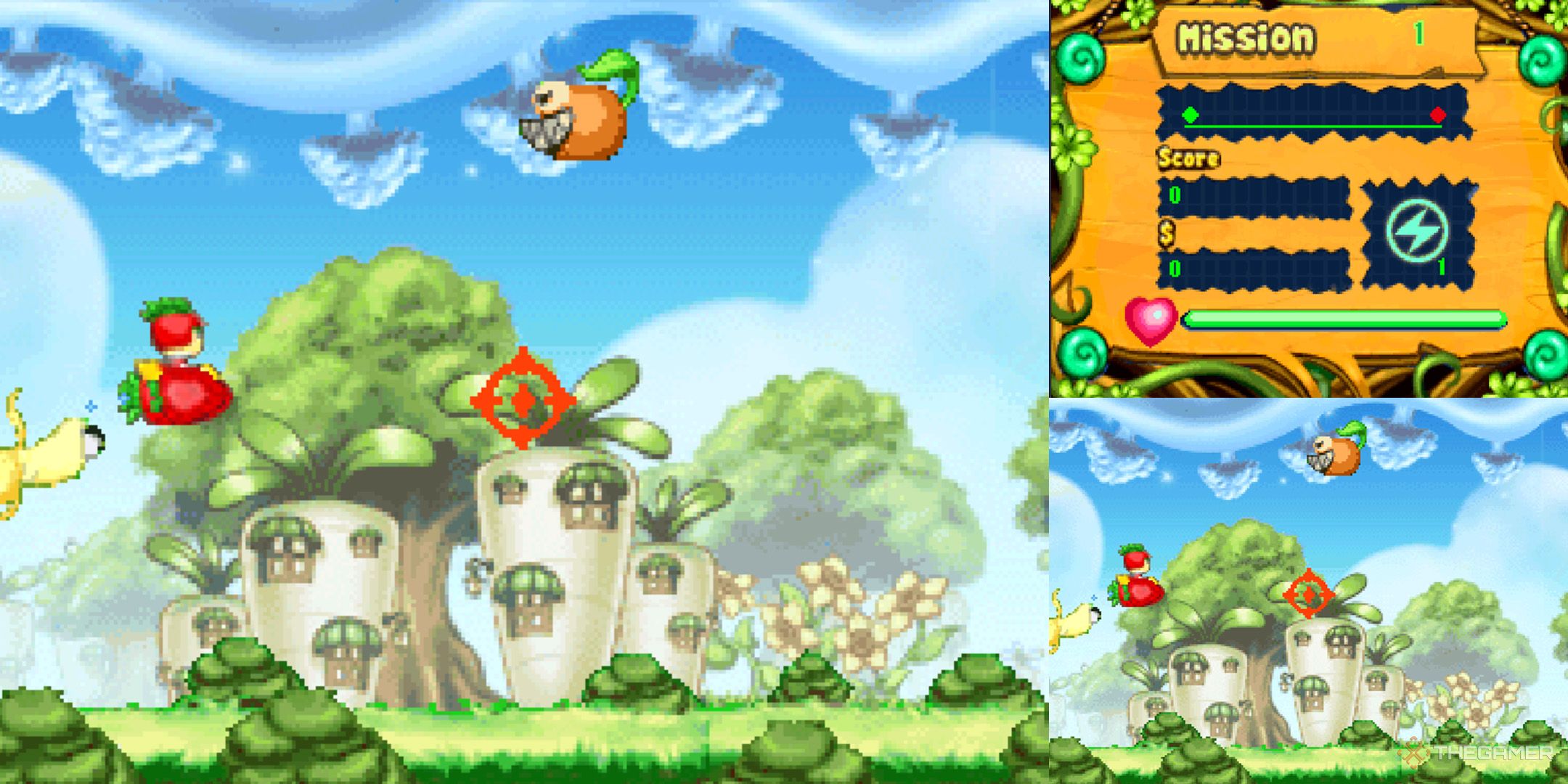 Veggy Kid flying a strawberry-shaped plane while shooting evil fruit in Veggy World.