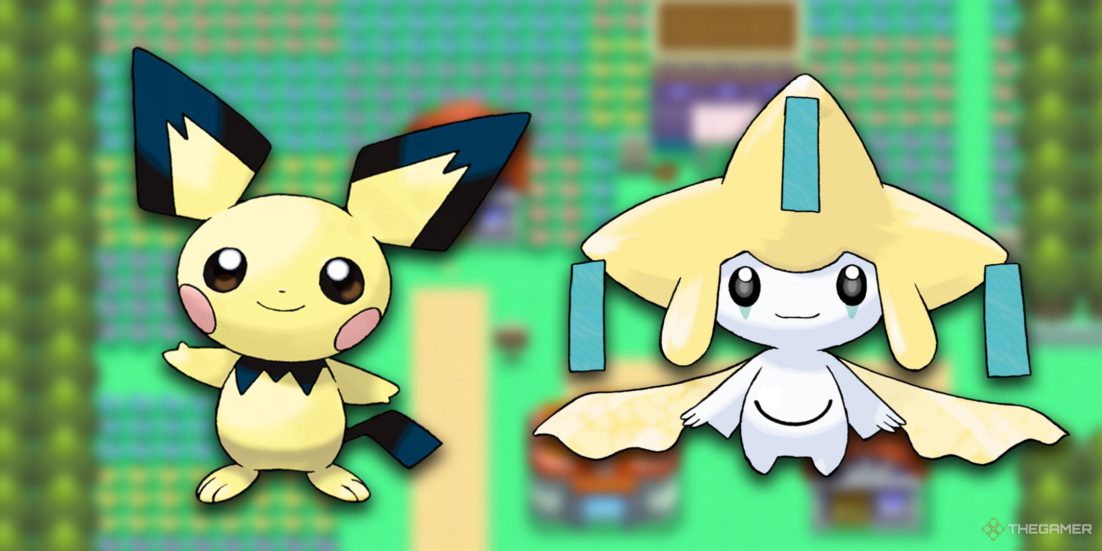 Pichu and Jirachi standing next to each other in Floarama Town from Pokemon.