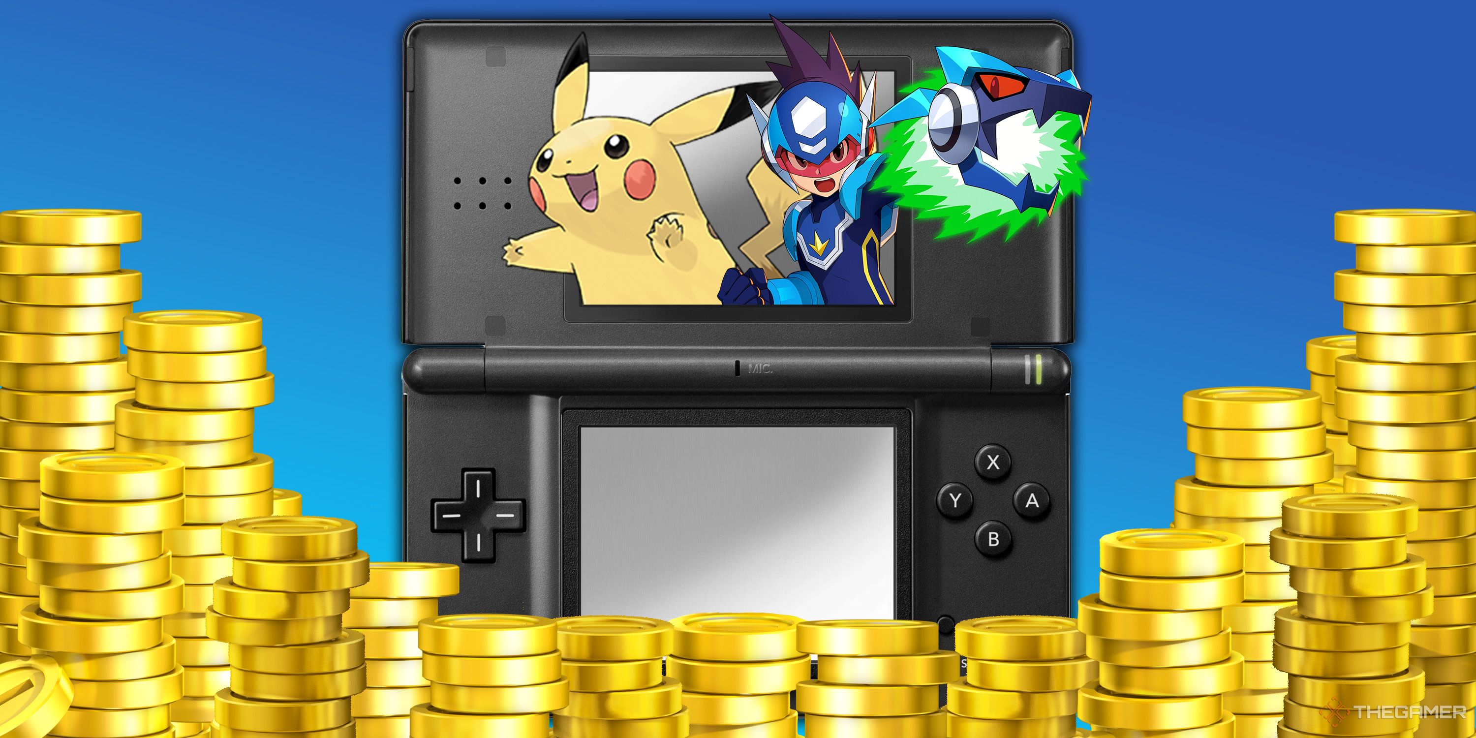 Pikachu and Mega Man emerging from a DS surrounding by coins.