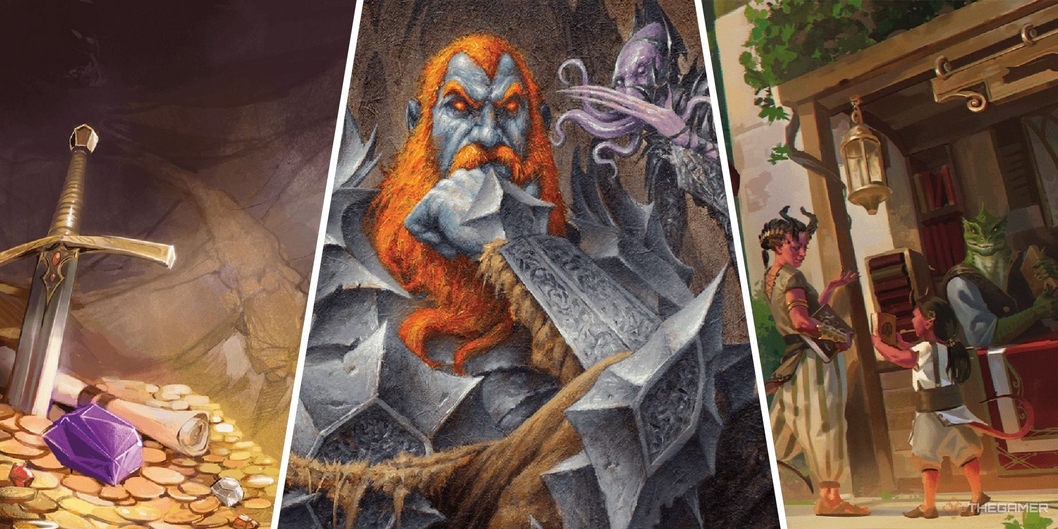 Dungeons & Dragons image showing a pile of gold, a fire giant being adviced by a mind flayer, and a market.