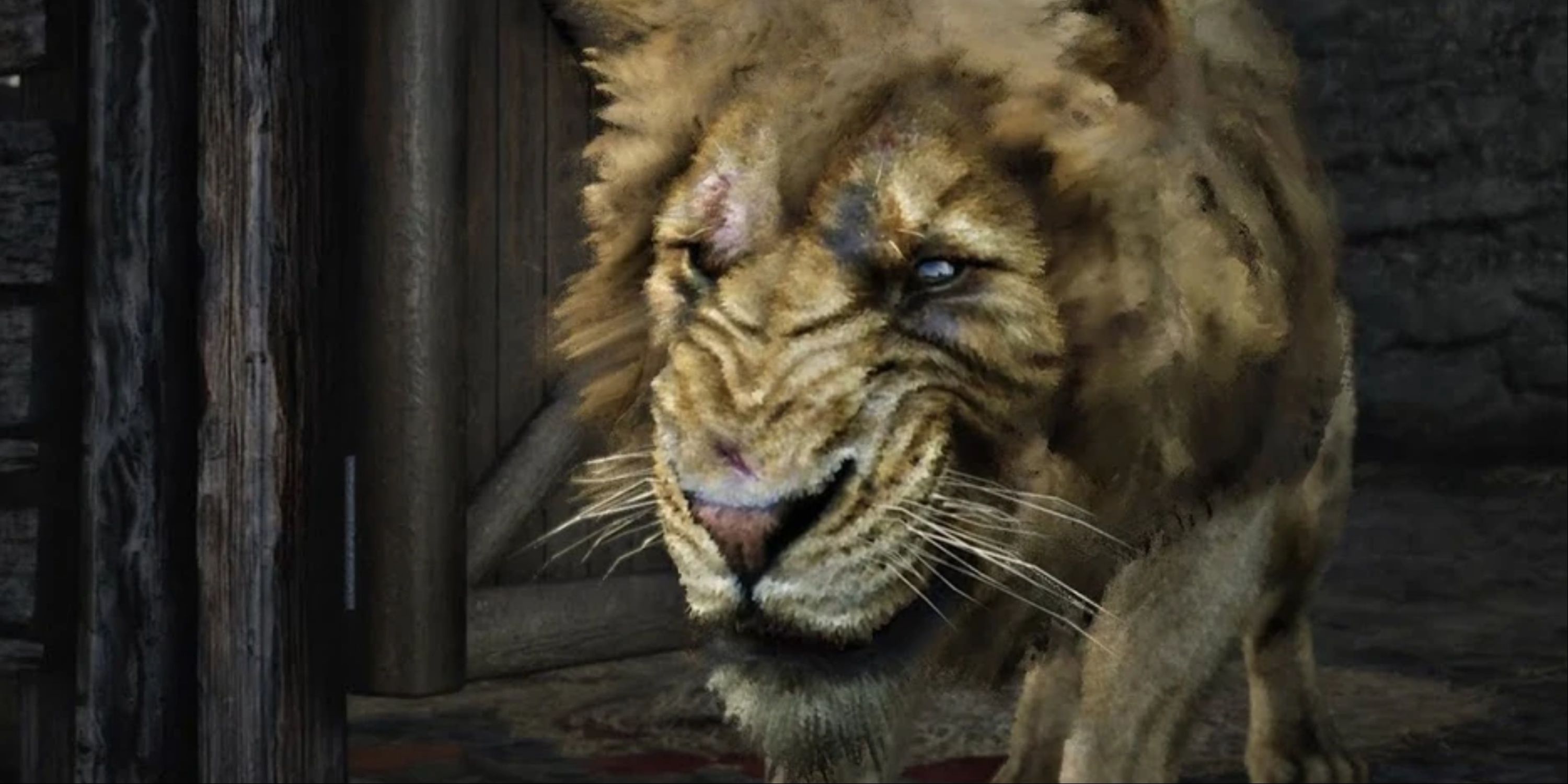 A snarling lion walking out of a barn in Red Dead Redemption 2.