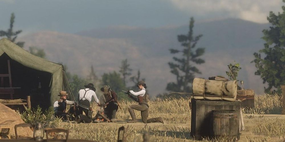 Outlaws camp on the plains in Red Dead Redemption 2 the video game.