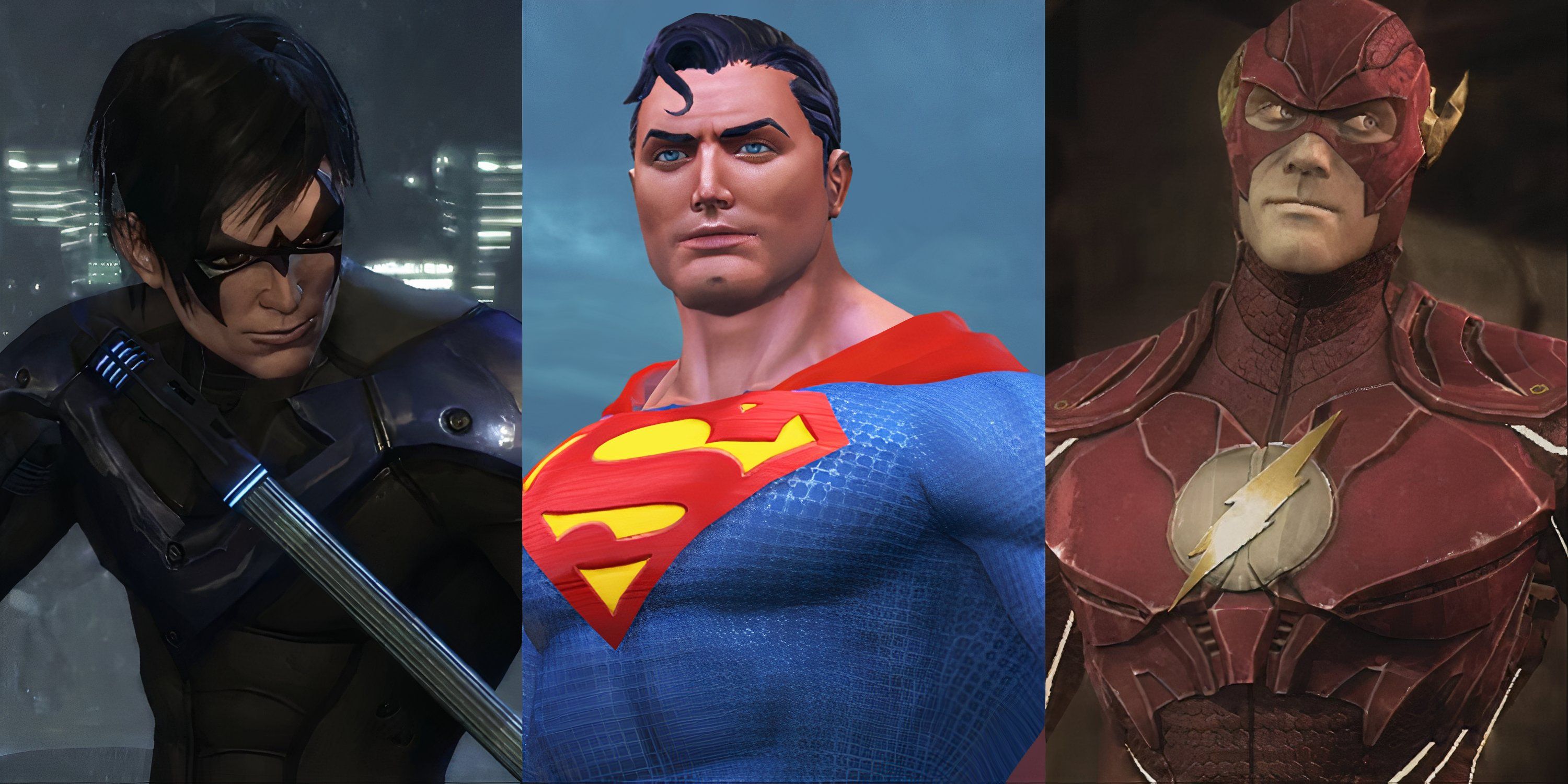 Split image of Nightwing, Superman, and The Flash