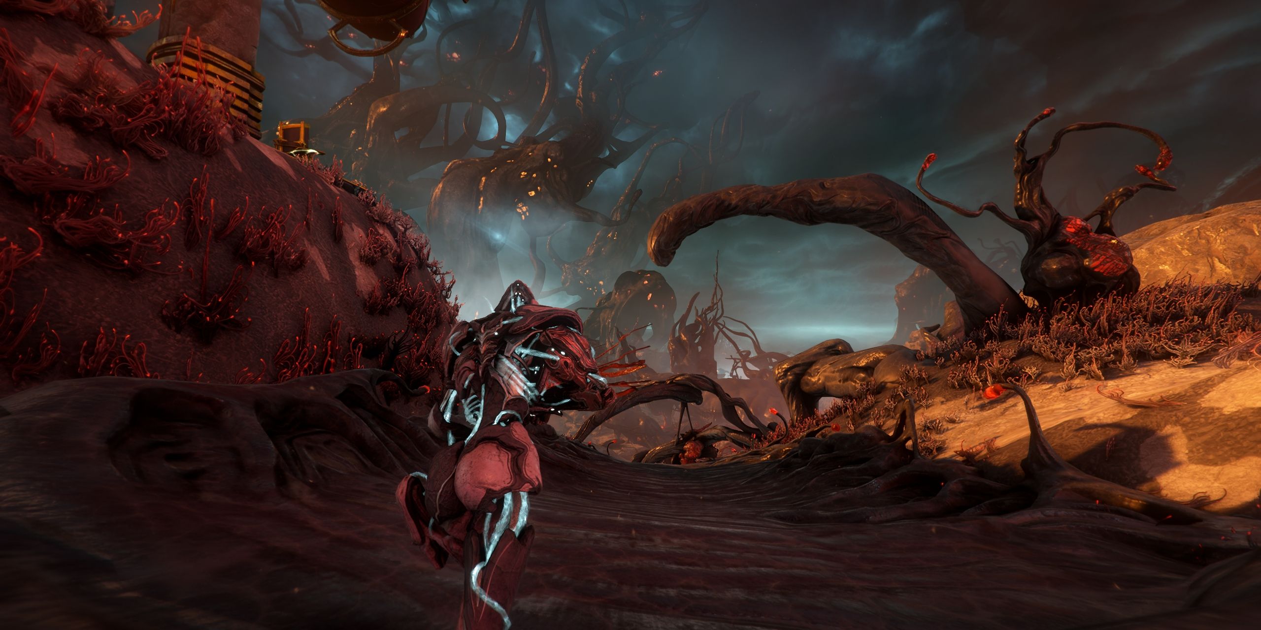 Xaku running through the Cambion Drift in Warframe.