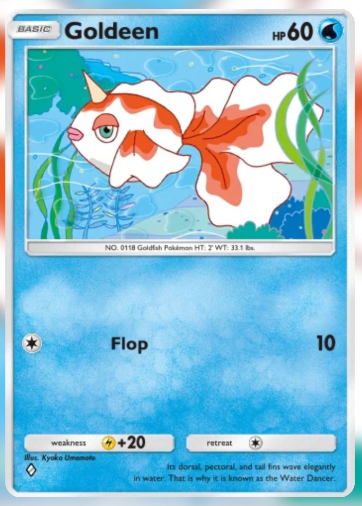 The Pikachu Genetic Apex Cards Goldeen in Pokemon Trading Card Game Pocket.