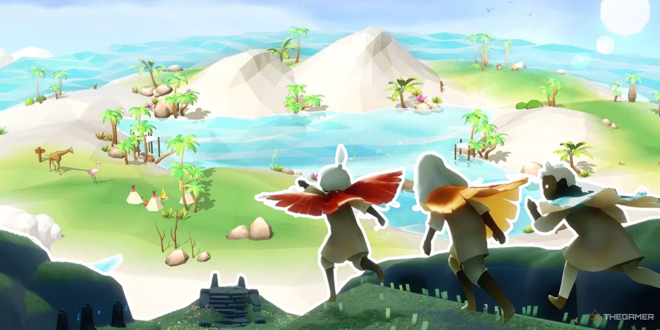 The protagonists from Sky: Children of the Light running toward a tropical beach.