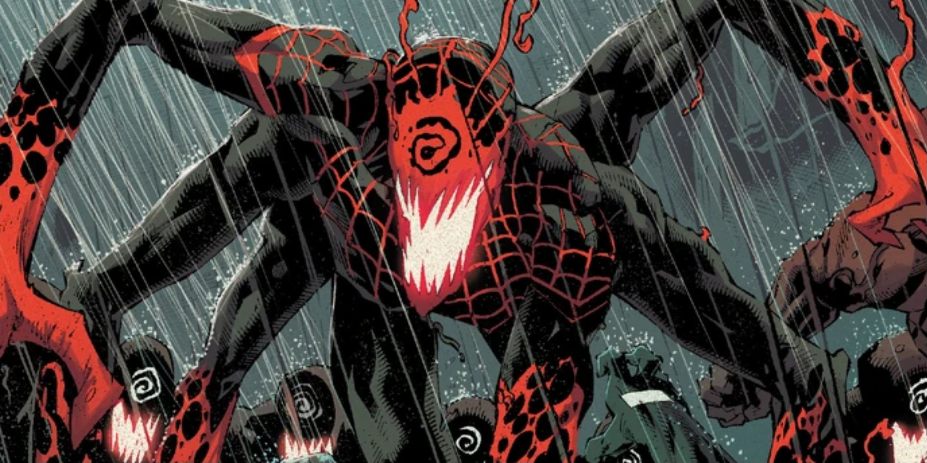 Miles Morales overtaken by a symbiote, crawling forward with six arms.