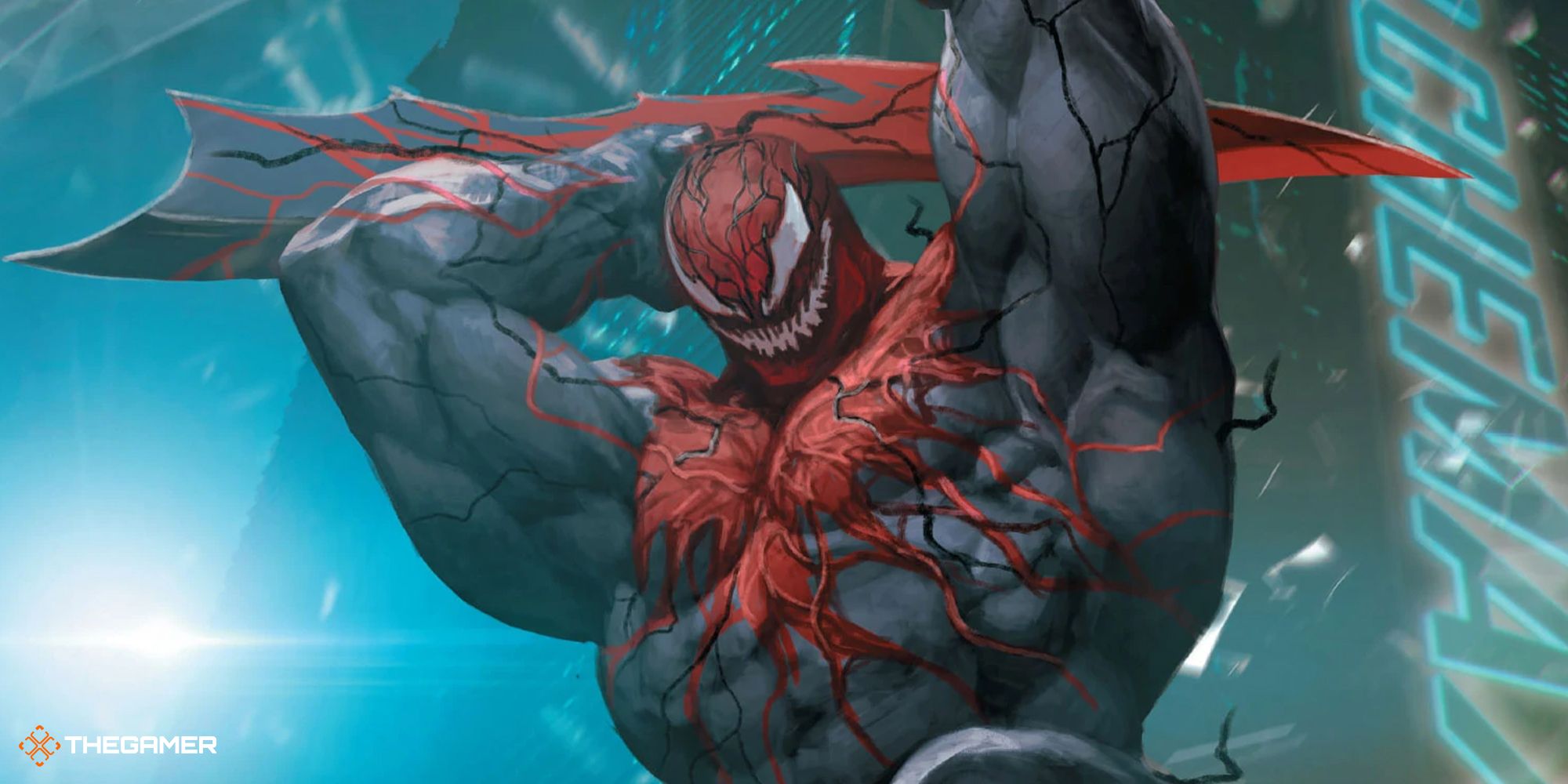 The Riot symbiote in Marvel comics, ready to strike down with a blade.