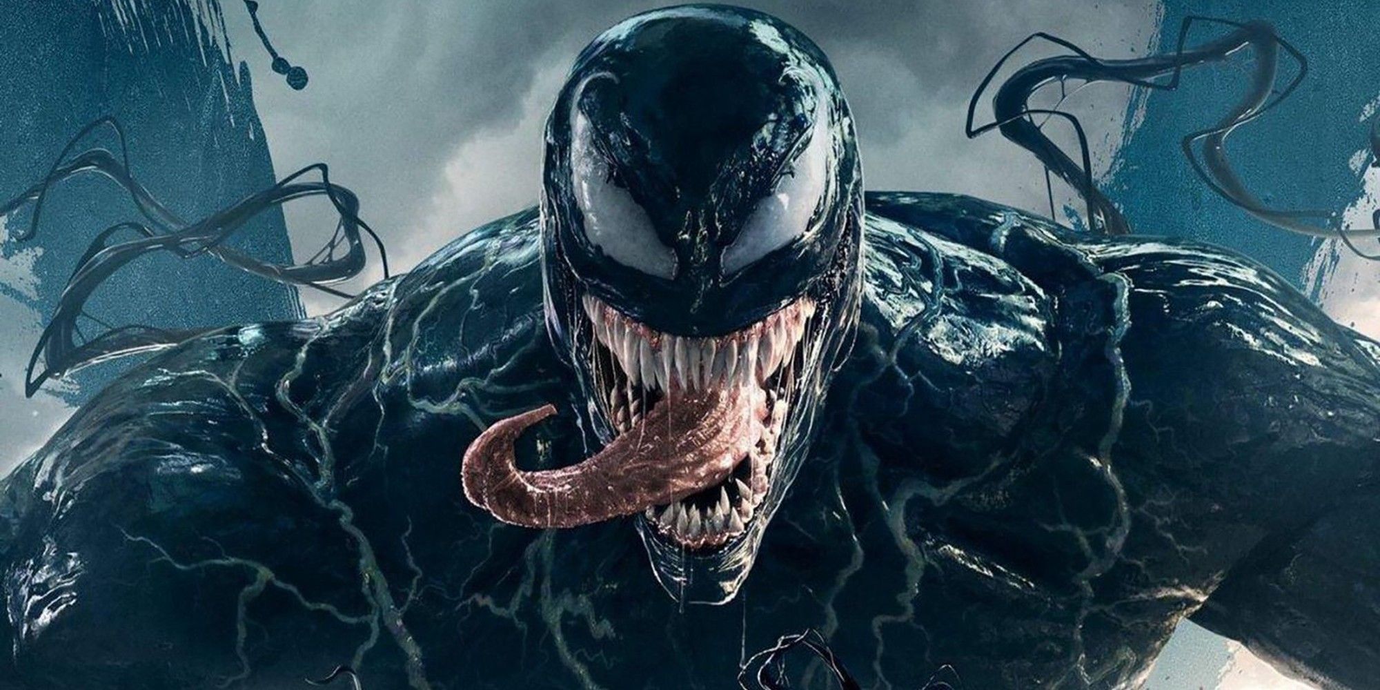 Venom from the Sony film, snarling at the screen with his tongue out.