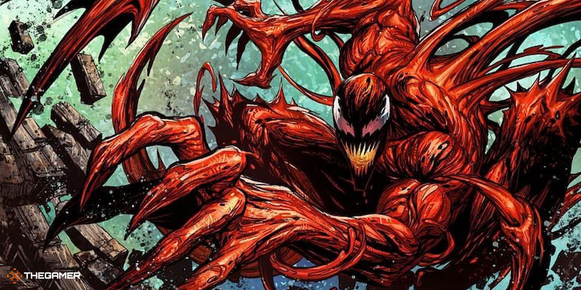 The Carnage symbiote from Marvel comics, clawing forward with multiple violent extensions emerging from its back.