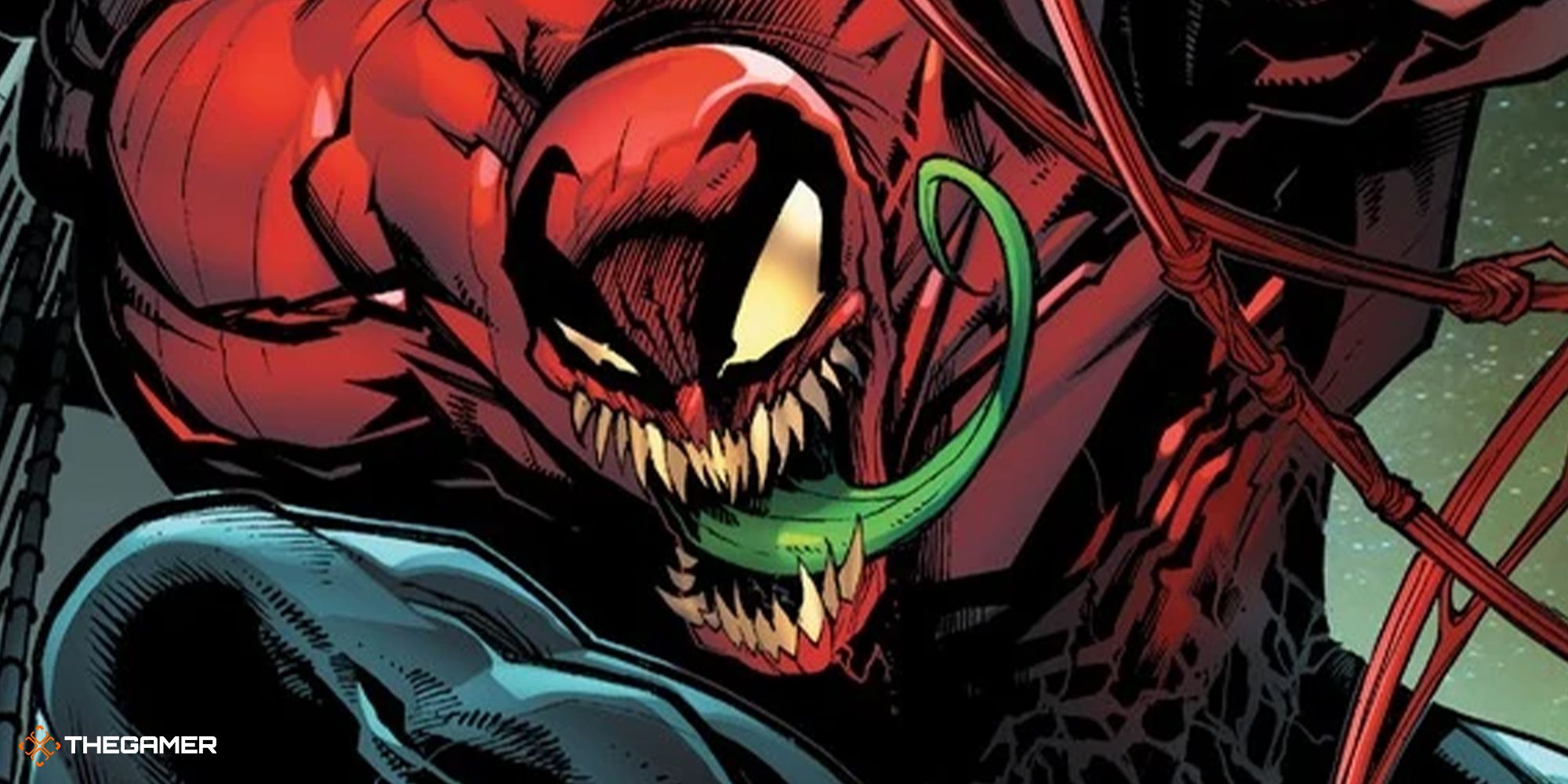 The Toxin Symbiote from Marvel comics, leering with his green tongue extended.