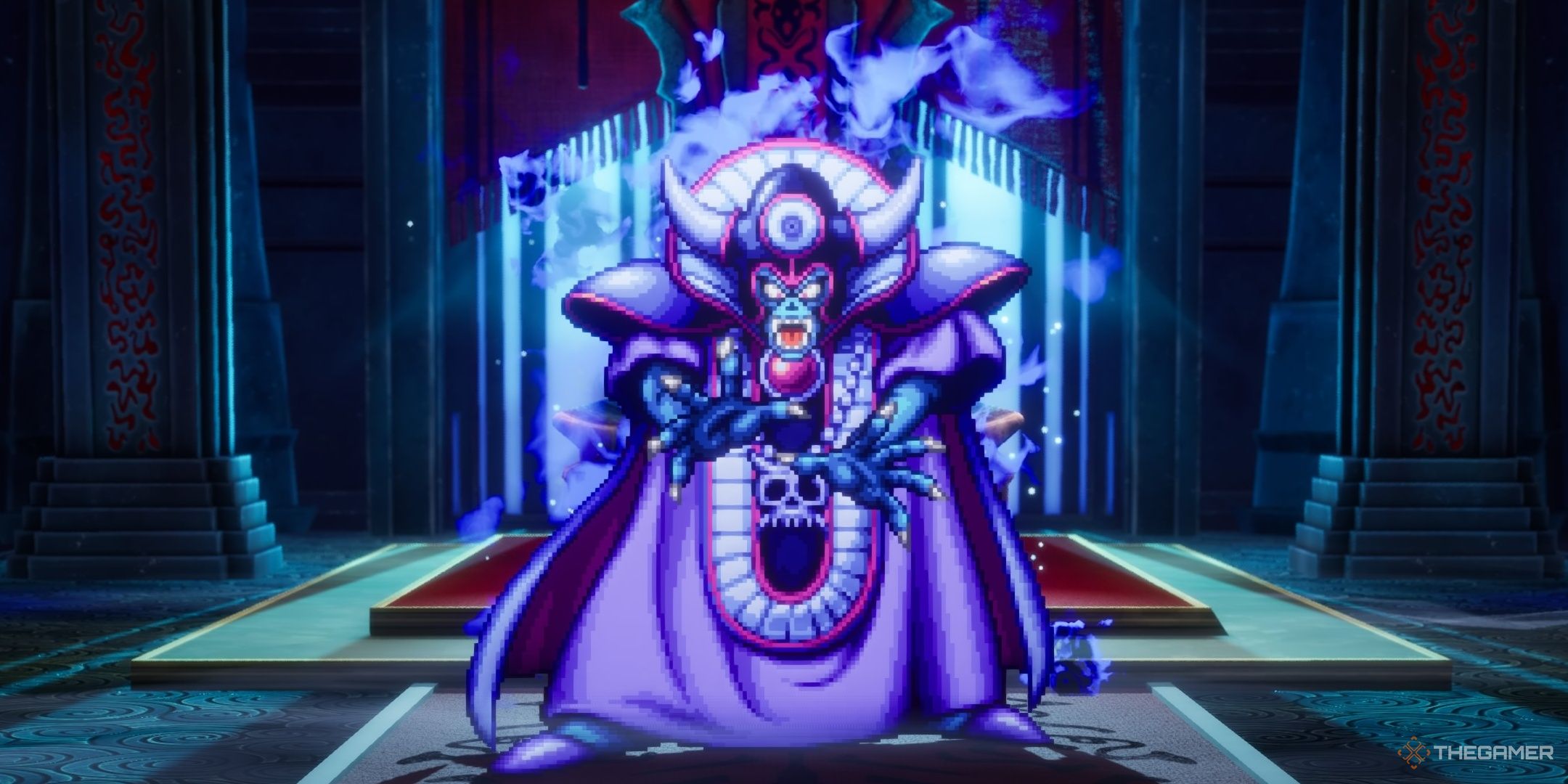 DRAGON QUEST III HD-2D Remake Zoma with his hands outstretched with a blue aura around him.