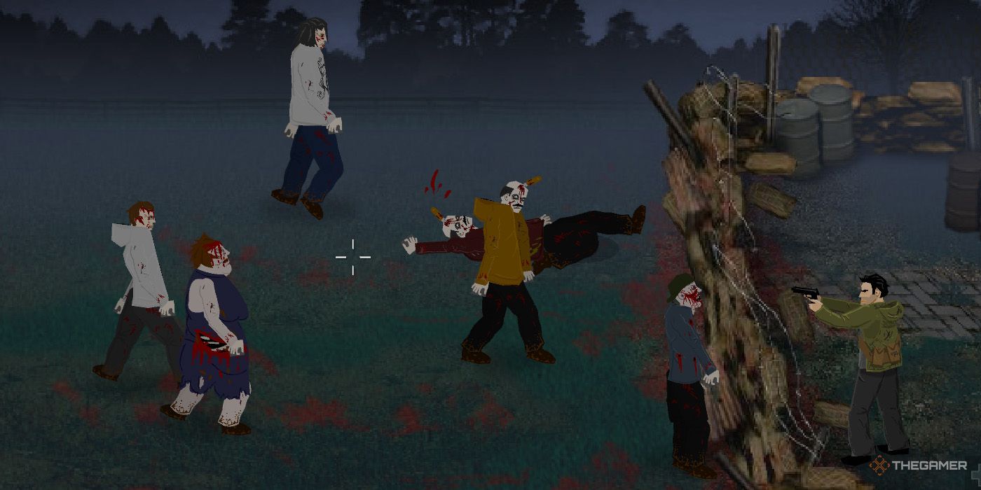 The player stands behind a barricade and shoots at zombies in The Last Stand.