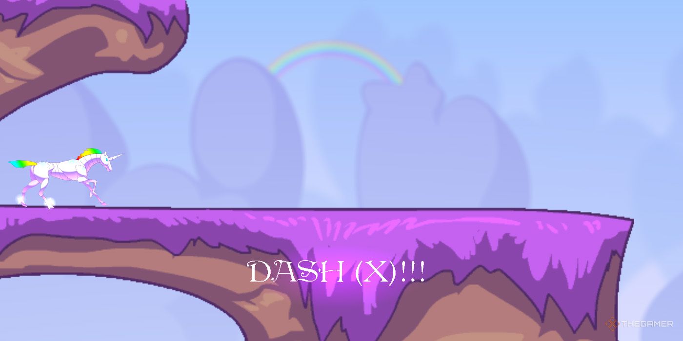 A robotic unicorn runs across a purple cliff in Robot Unicorn Attack.