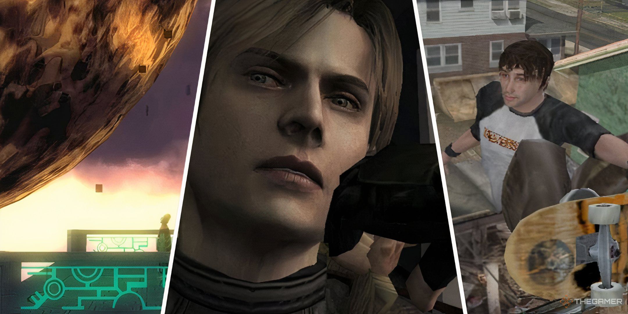 Three-image collage of a scene from TLOZ: Twilight Princess, Leon in the intro of Resident Evil 4 (2005), and a character performing a trick in Tony Hawk's Underground.