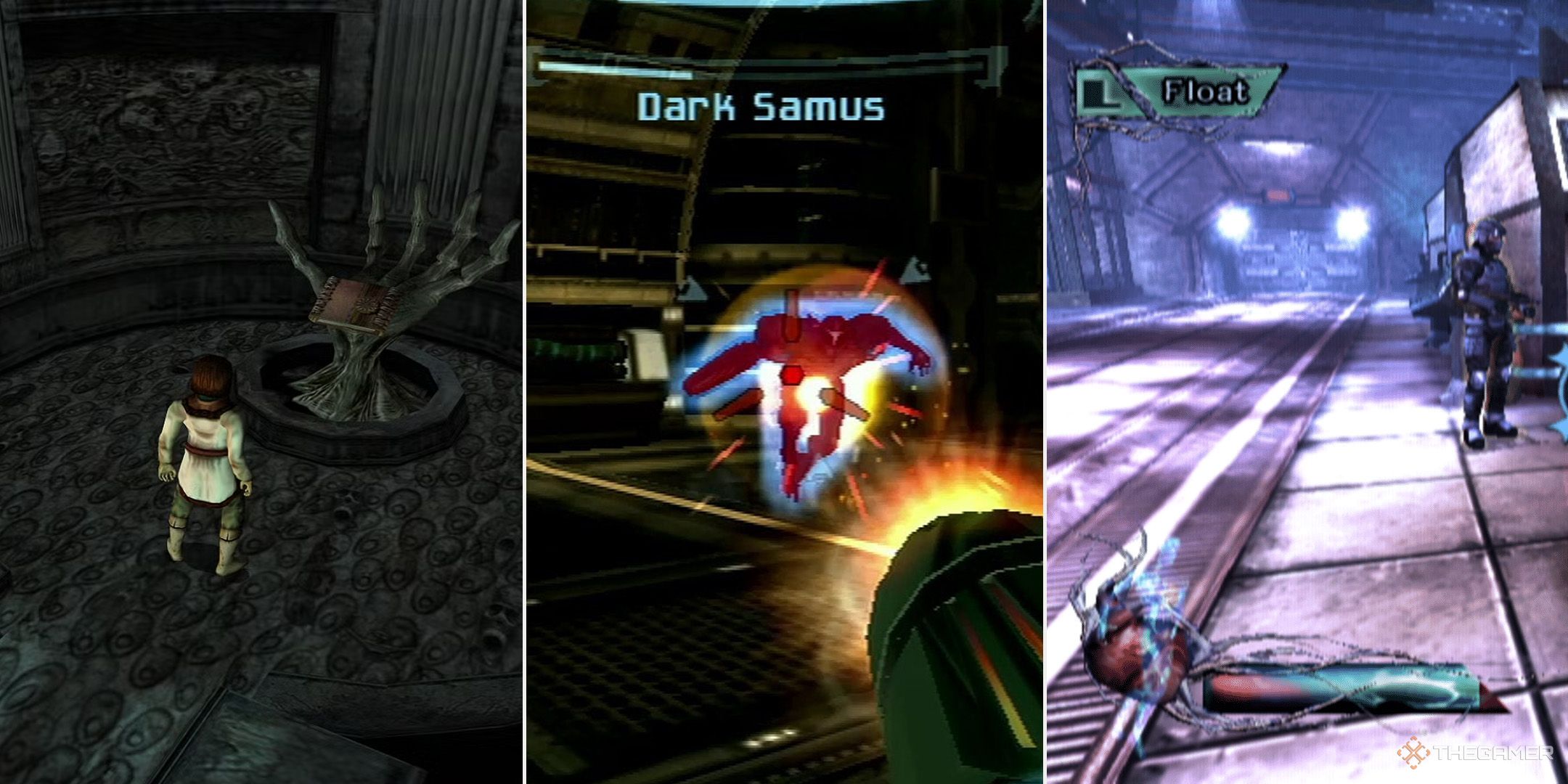 Three GameCube horror games, from left to right: Eternal Darkness: Sanity's Requiem, Metroid Prime: Echoes, and Geist.