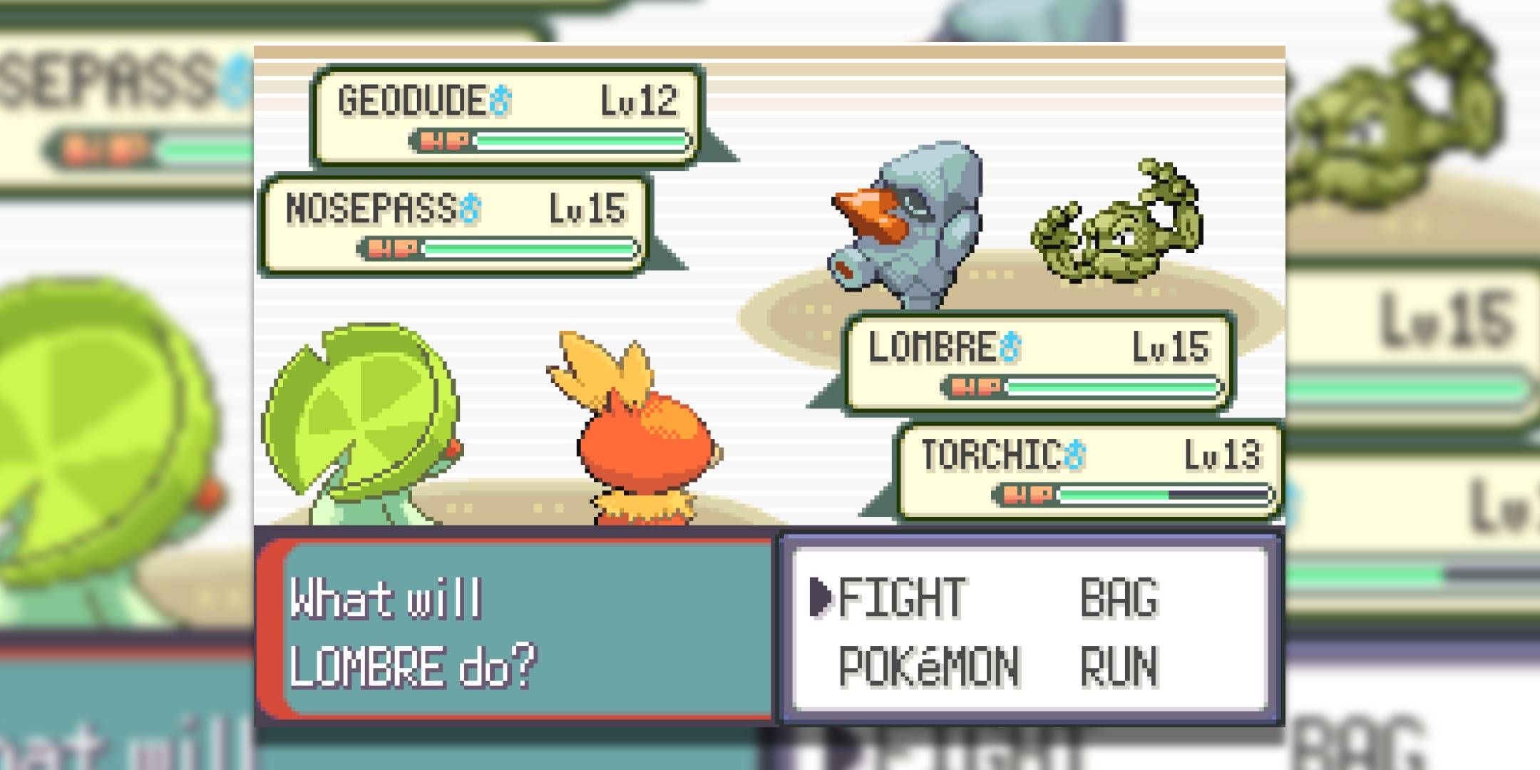 Torchic and Lombre in a double battle in Pokemon Emerald.