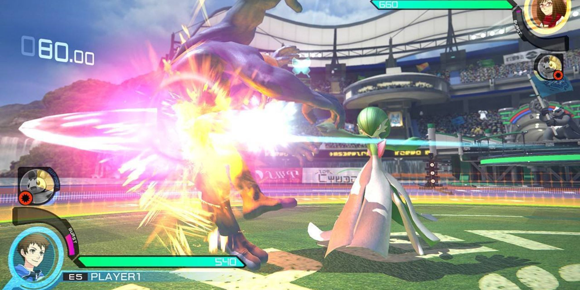 Machamp and Gardevoir fighting in Pokken Tournament.