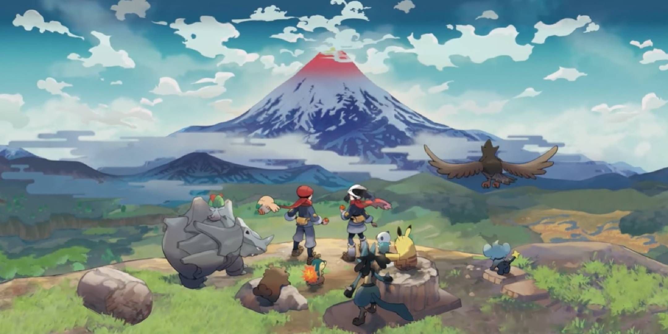 The cast of Pokemon Legends Arceus together.