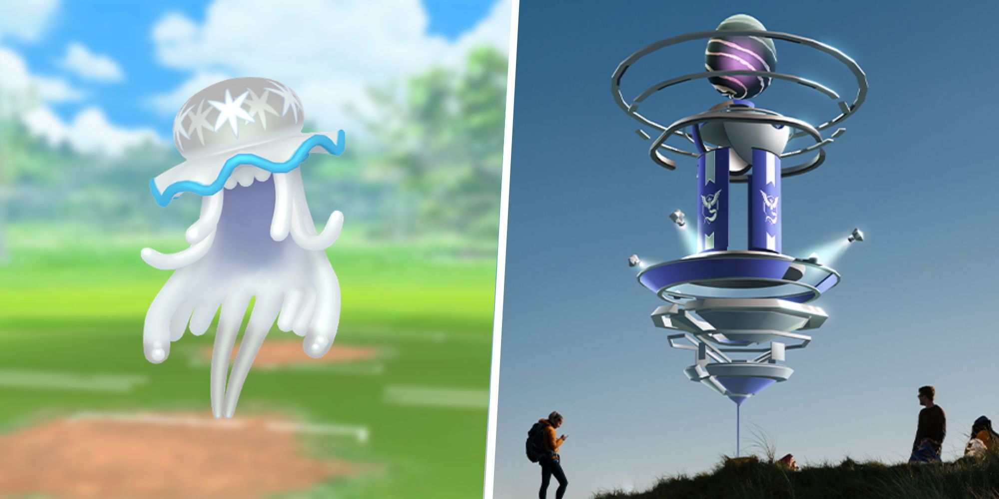 An image of Nihilego from Pokemon split with an image of a Pokemon Go Raid