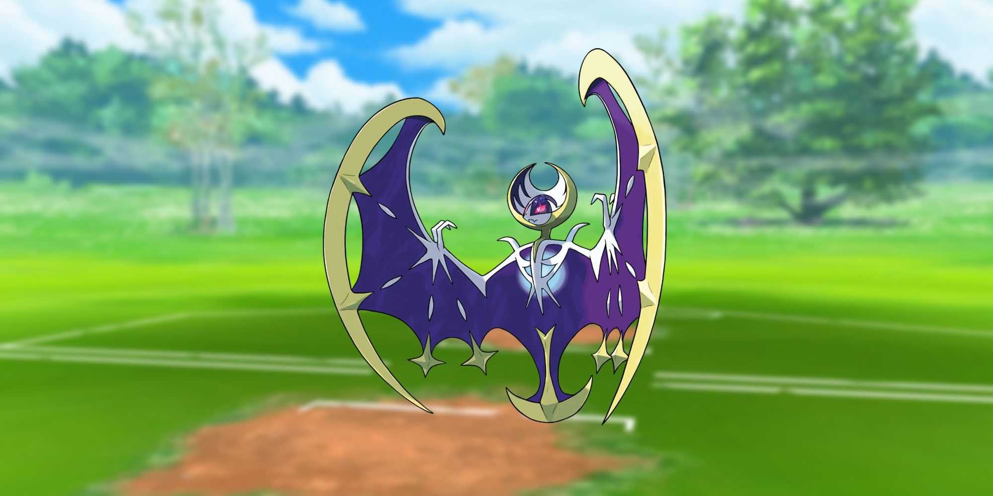 Lunala standing in the Pokemon Go Trainer Battle arena.