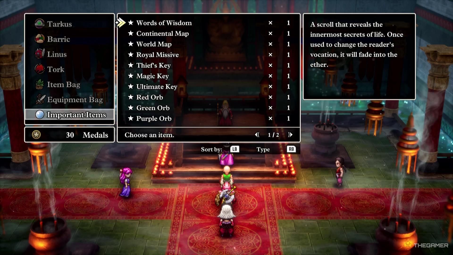 The Words of Wisdom scroll sits in the player's inventory in Dragon Quest 3 Remake.