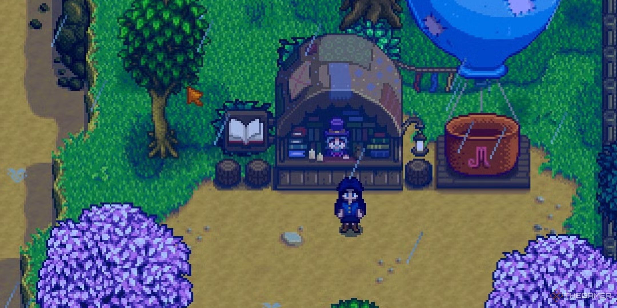 A Stardew Valley player at the bookshop in the rain.