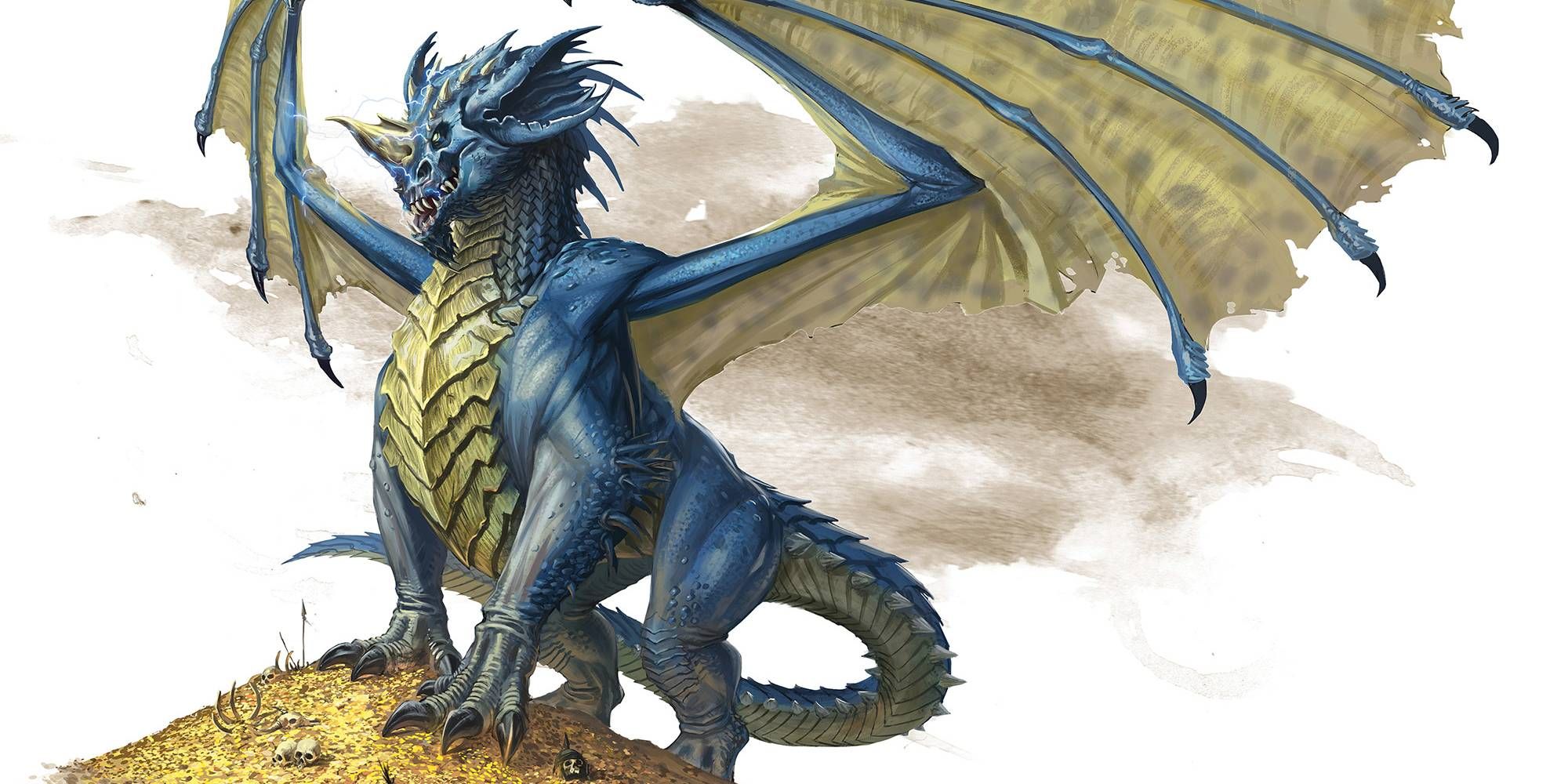 A blue dragon splays its wings as it sits on a mountain of gold from Dungeons & Dragons.