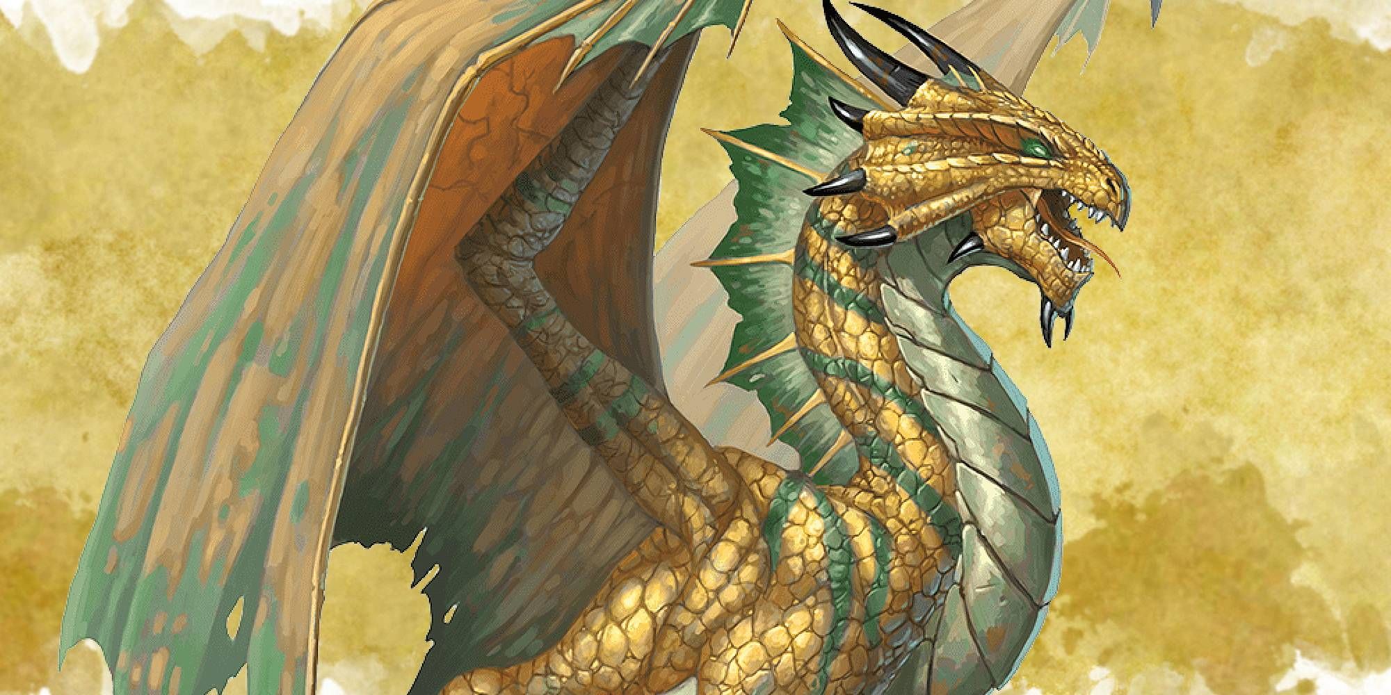 A green-eyed brass dragon growls Dungeons & Dragons.