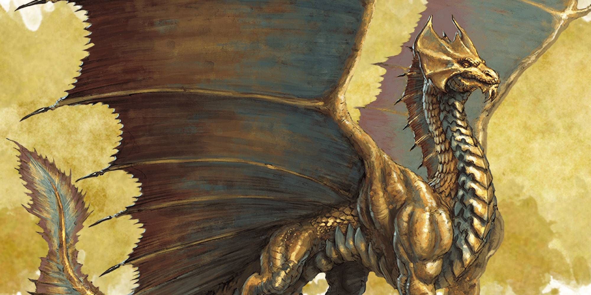 A bronze dragon splays its very large wings as it stands tall from Dungeons & Dragons.