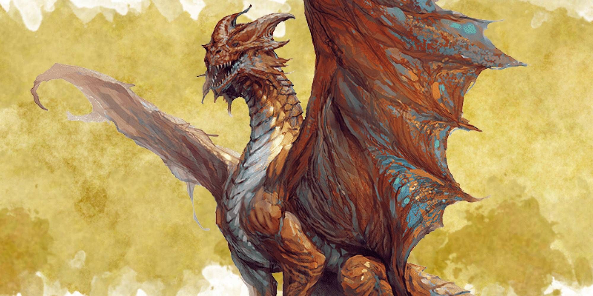 A copper dragon looks toward the viewer as it has its maw open from Dungeons & Dragons.