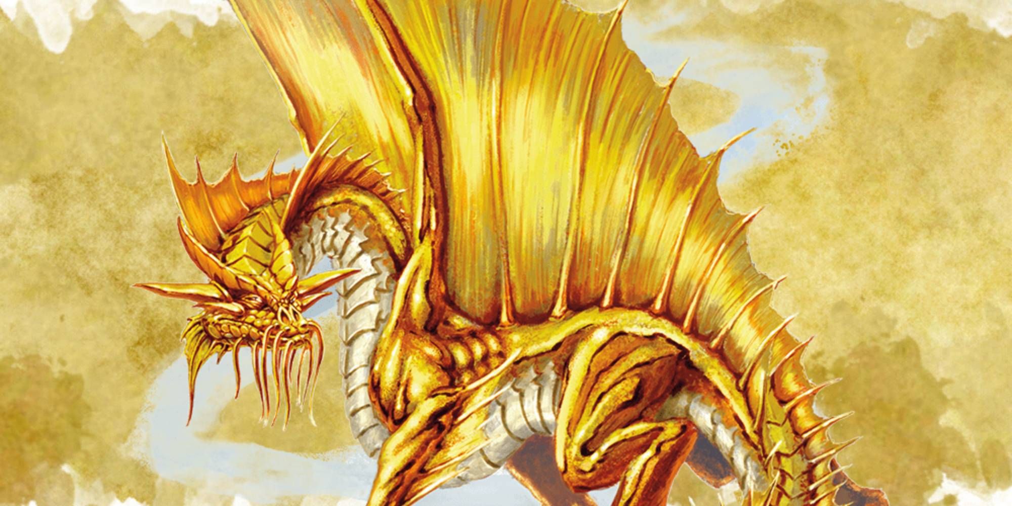 A golden dragon stretches its long neck as it looks around from Dungeons & Dragons.