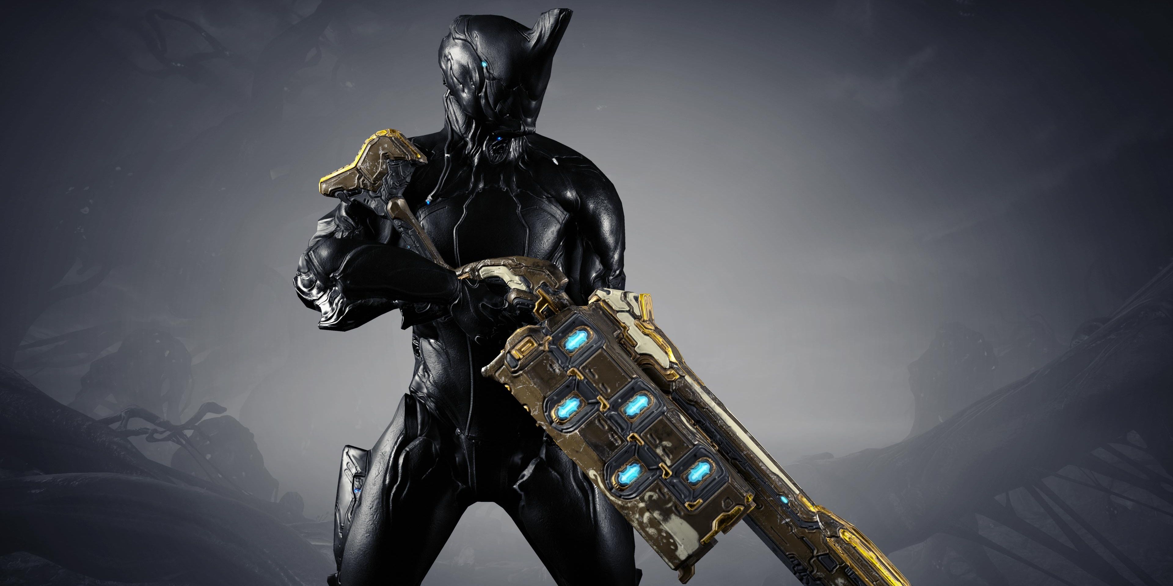 Warframe Excalibur with Trumna assault rifle.