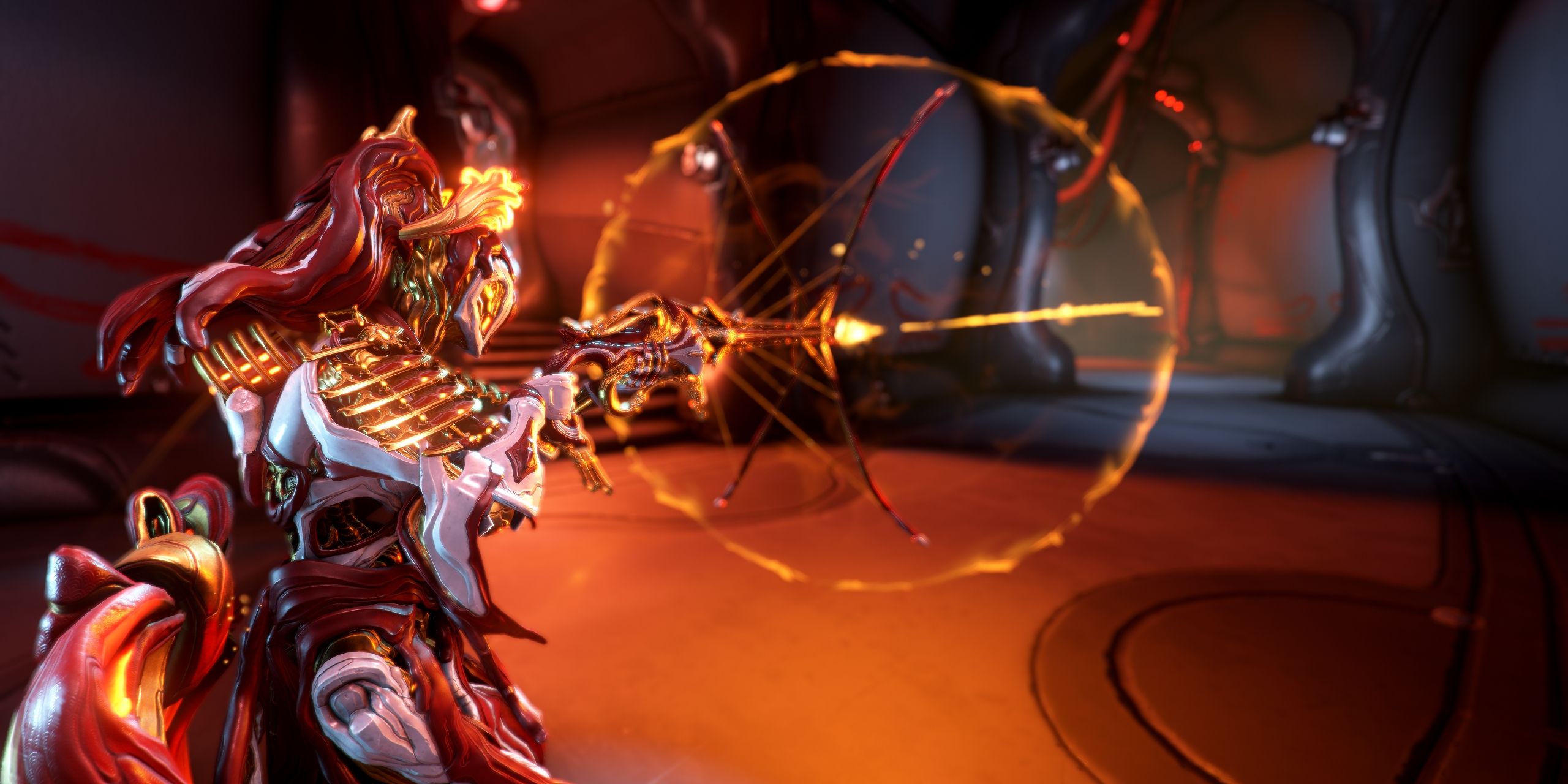 Koumei wielding the Higasa firegun in Warframe.