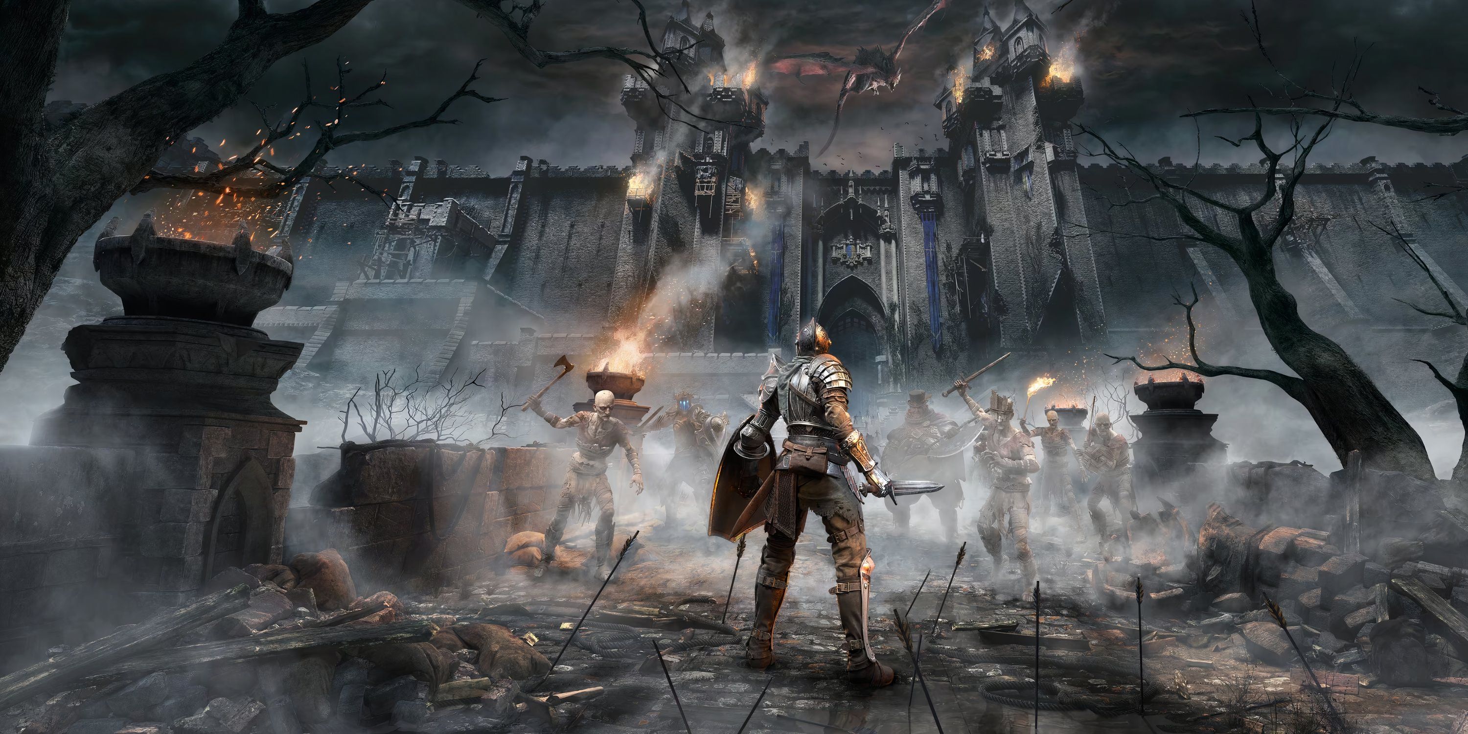 The Slayer of Demons faces a castle at night as a group of enemies approach them