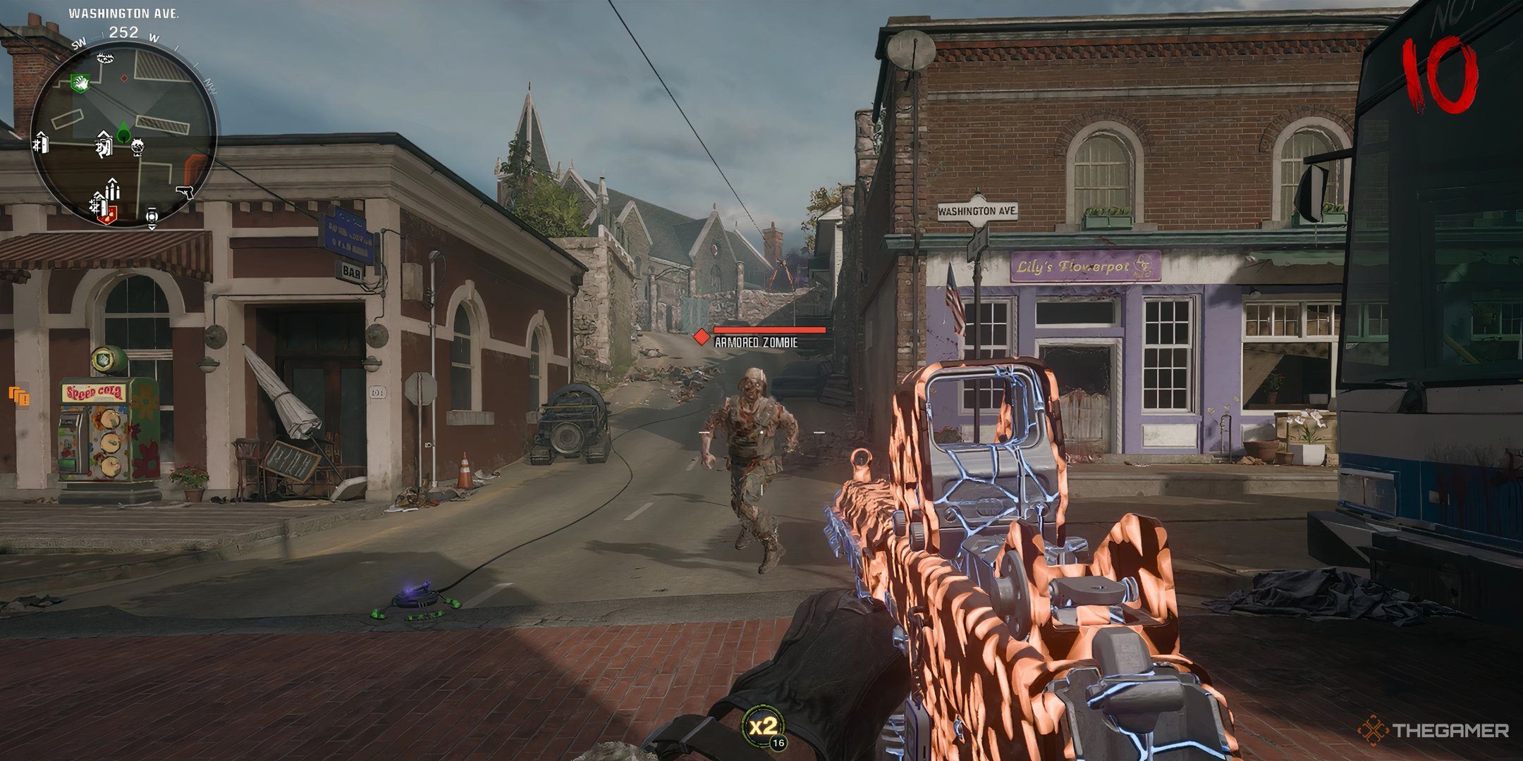 Fighting a Armored Zombie on Round 10 at Liberty Falls in Call of Duty: Black Ops 6 Zombies.