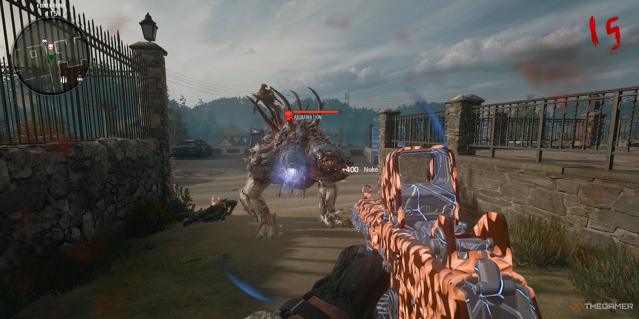 Fighting a Abomination on Round 15 at Liberty Falls in Call of Duty: Black Ops 6 Zombies.