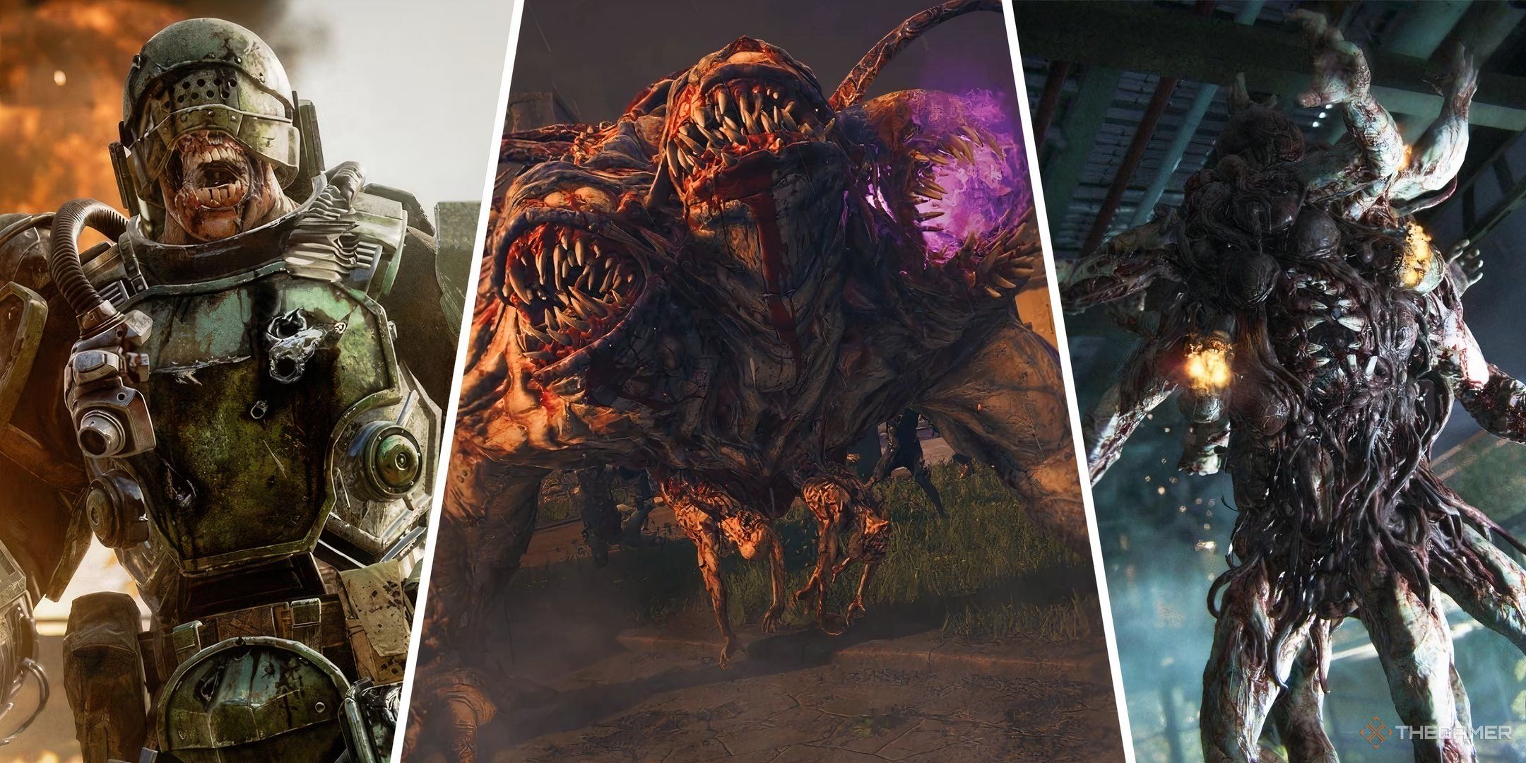 Showcasing three Elite Zombies in Call of Duty: Black Ops 6, with The Mangler on the left, Abomination in the center, and Amalgam on the right.