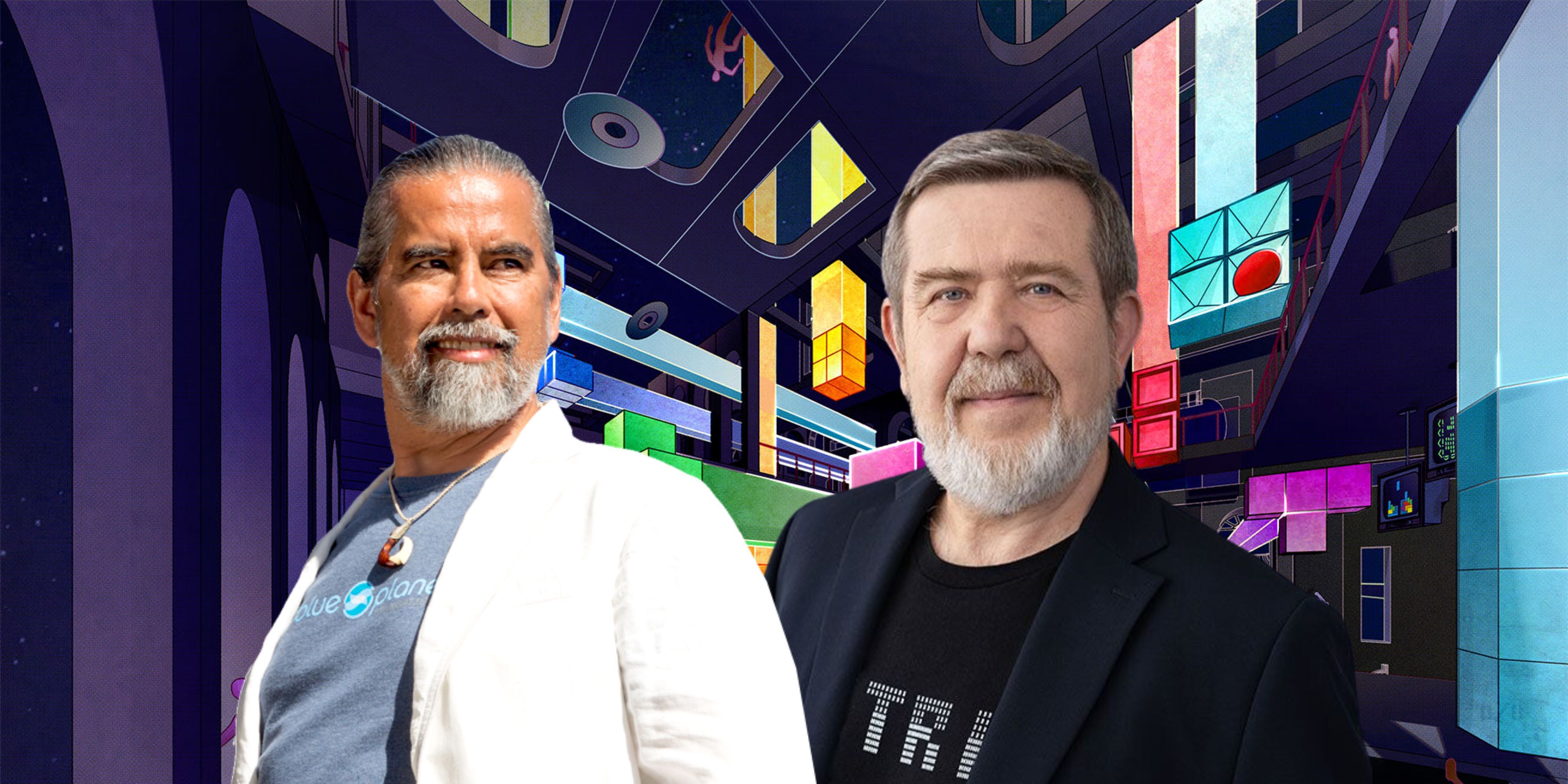 Henk Rogers and Alexey Pajitnov in front of Tetris Forever art