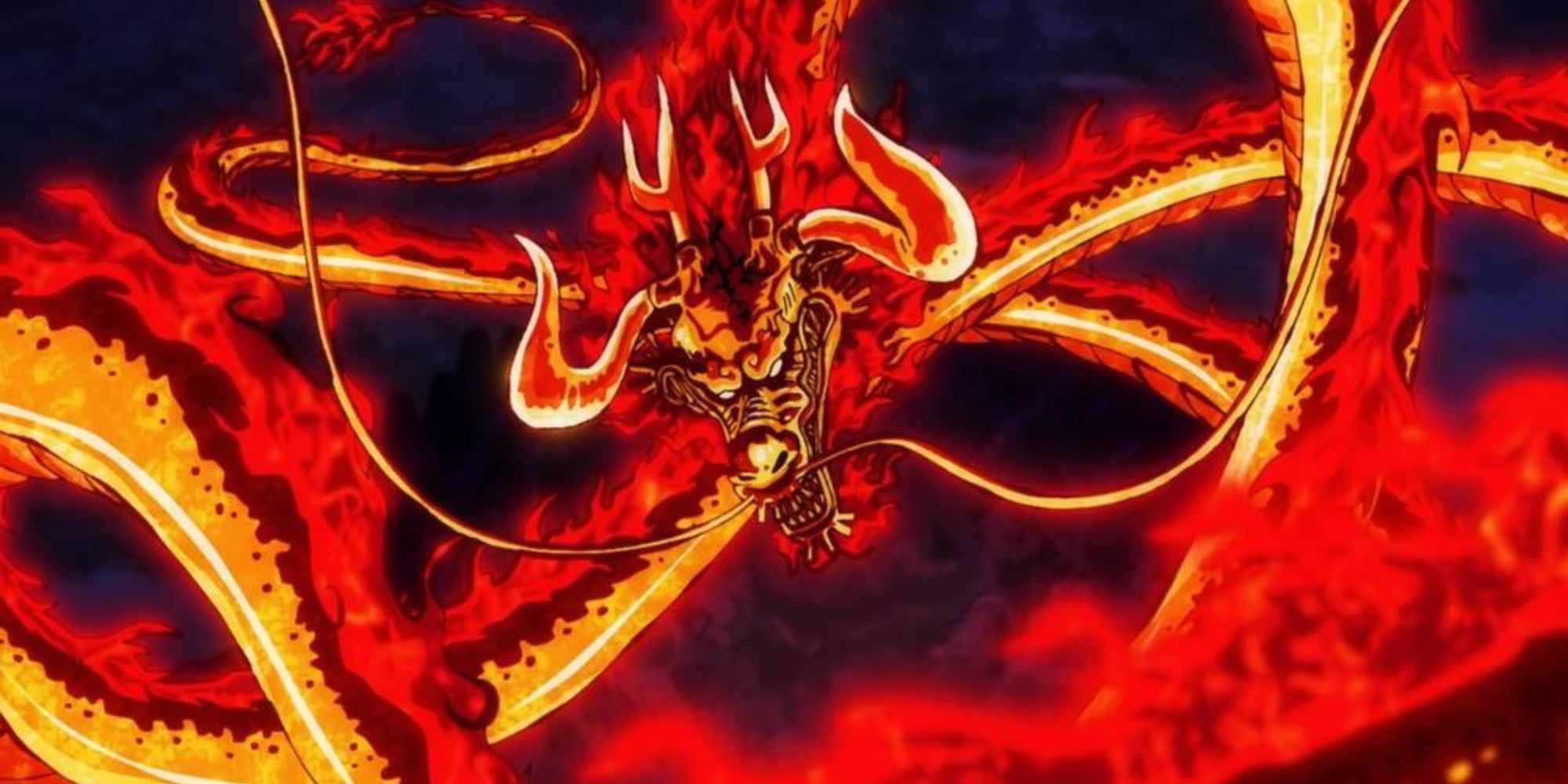 Kaido transforms into a huge magma dragon with his most powerful technique, Kaen Daiko.