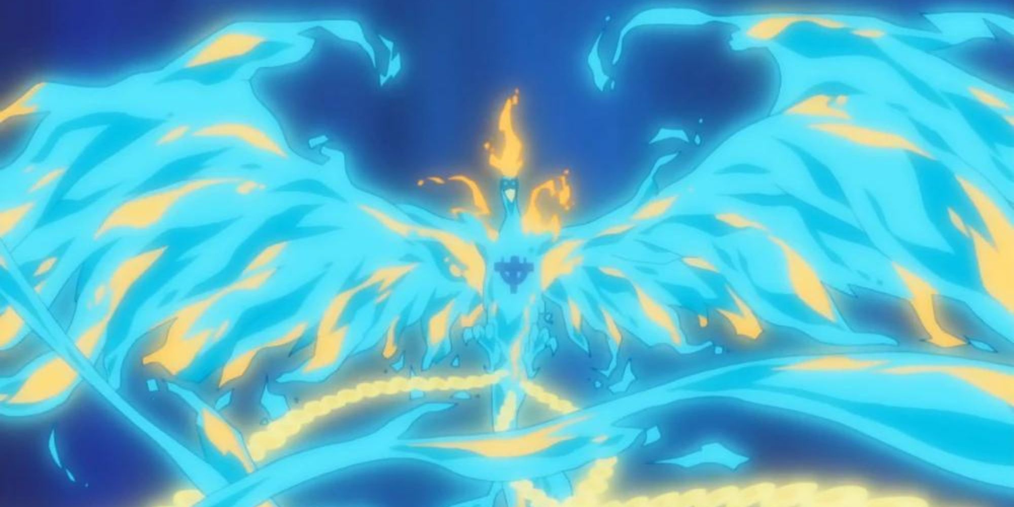 Marco transforms into a phoenix sorrounded by blue flames.