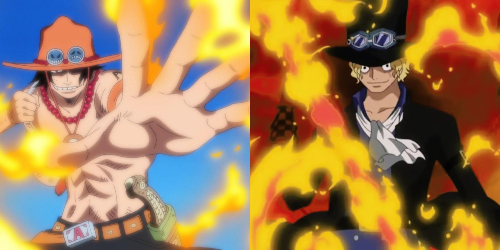 Different scenes of Ace and Sabo generating flames with the Mera Mera no Mi.