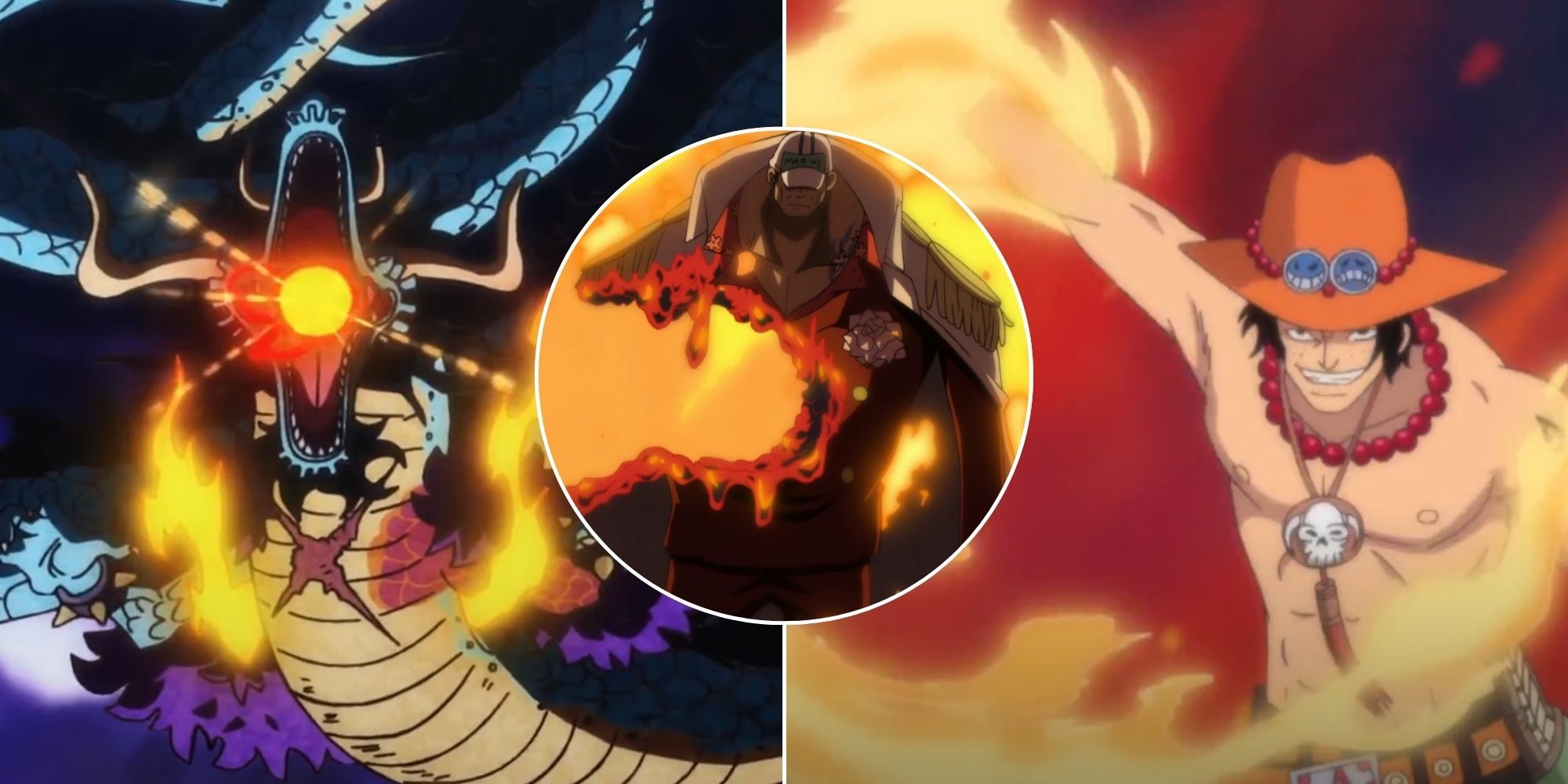 A collage of powerful fire-based devil fruits in One Piece: Kaido's Uo Uo no Mi, Model Seiryu, Ace's Mera Mera no Mi and Sakazuki's Magu Magu no Mi.