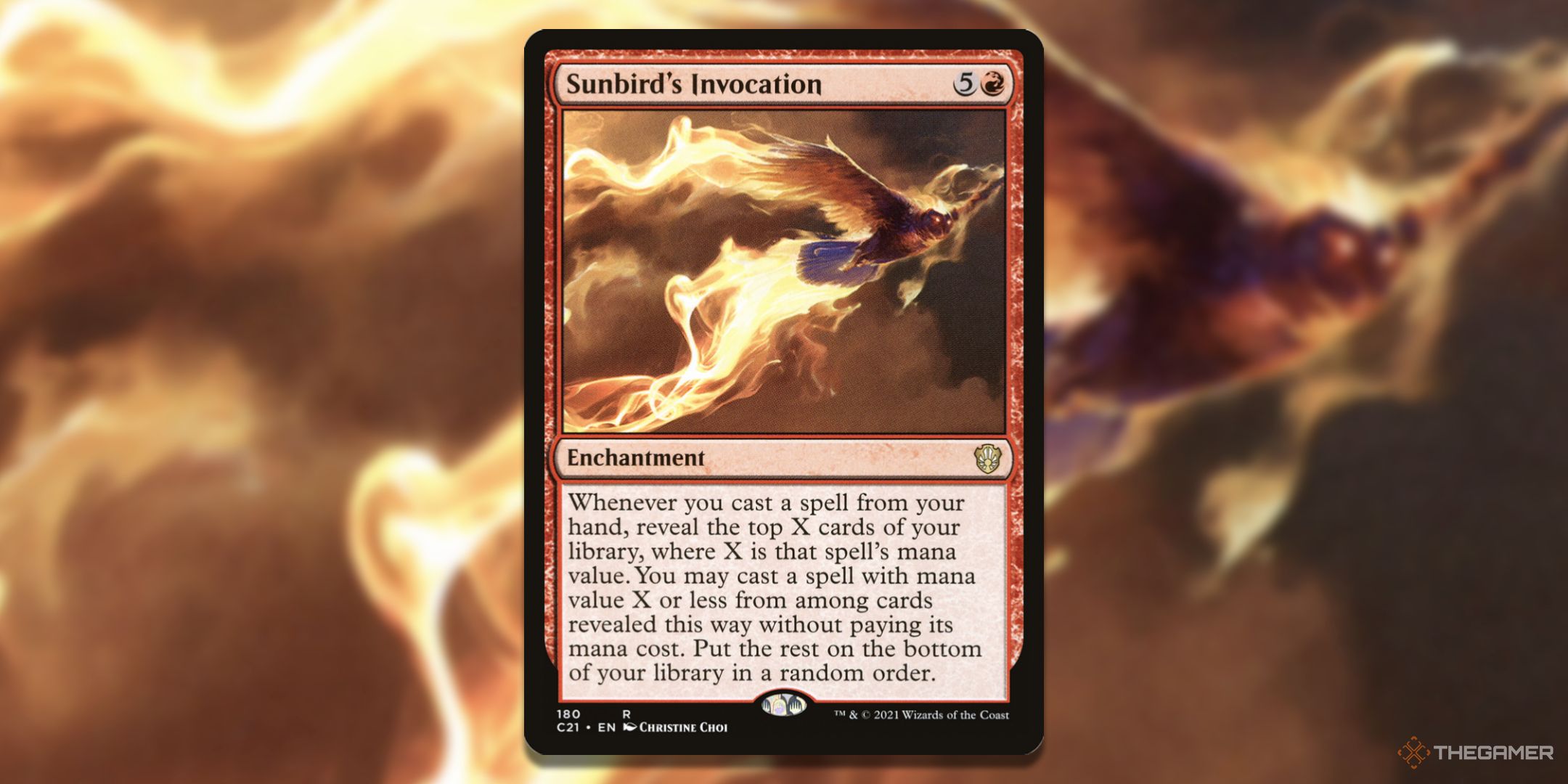 MTG Sunbird's Invocation card with the art in the background.